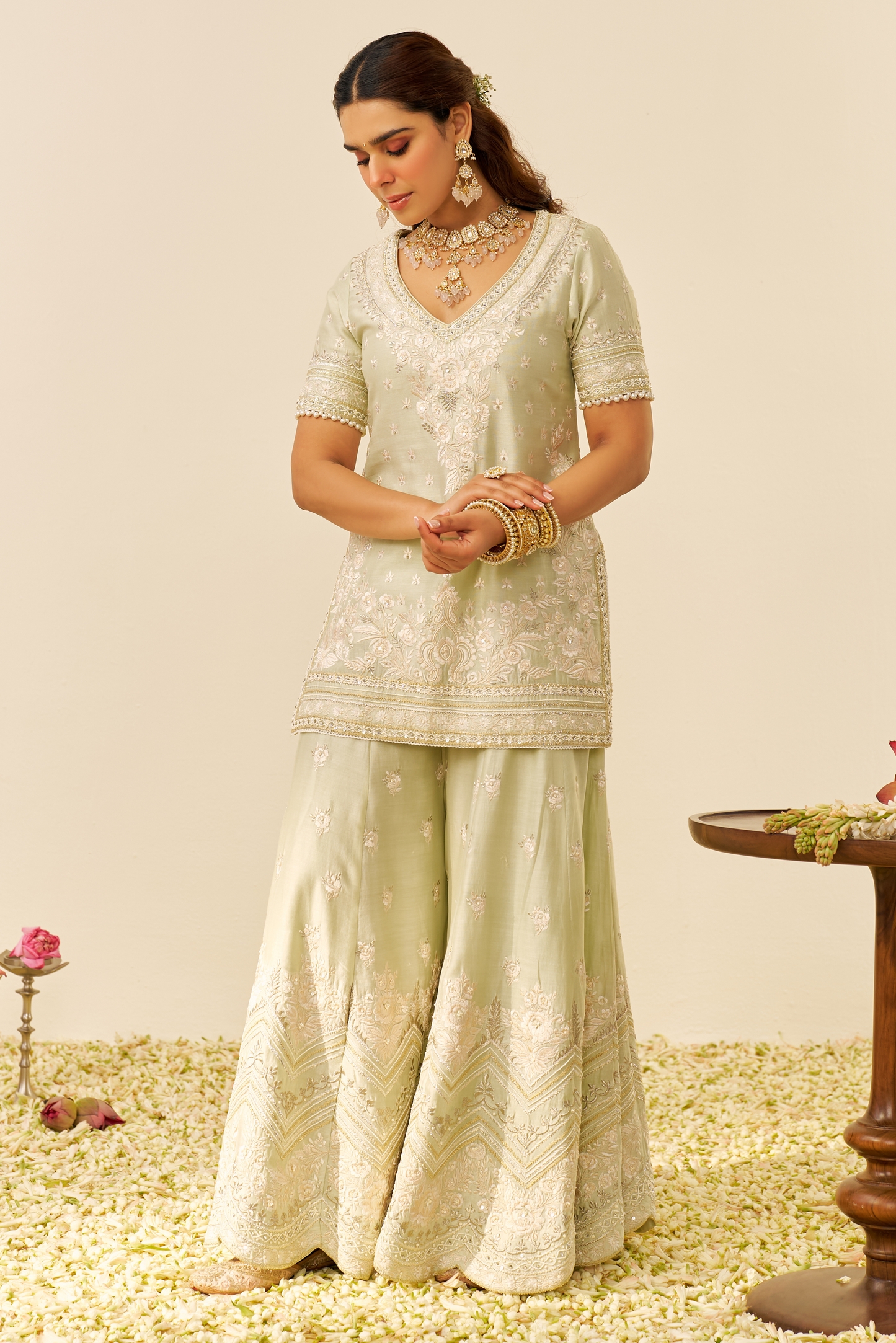Sameeha - Mint Green Short Kurta With Sharara
