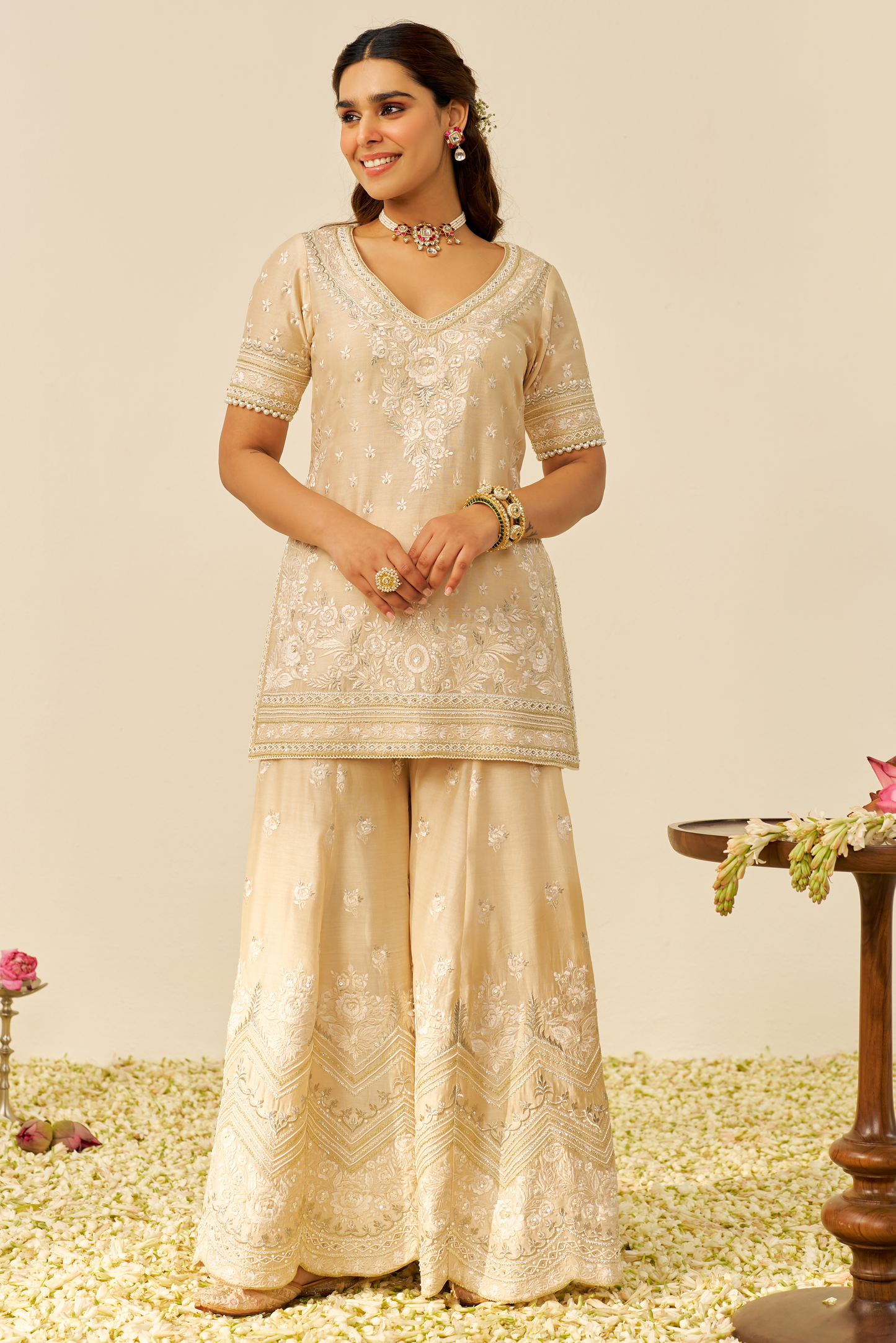 Sameeha - Beige Short Kurta With Sharara