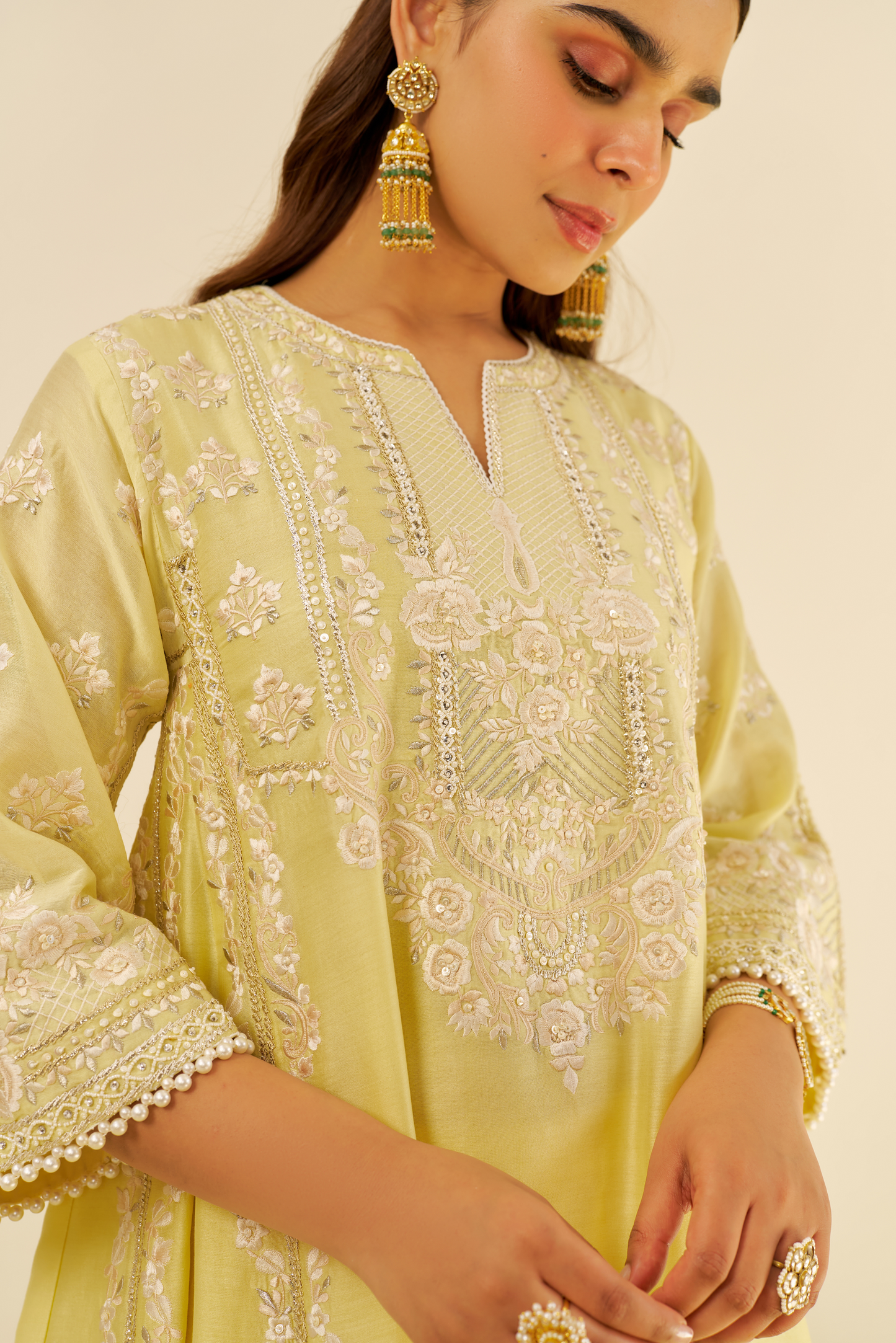 Maziya - Lemon Yellow Long Chauga With Salwar And Dupatta
