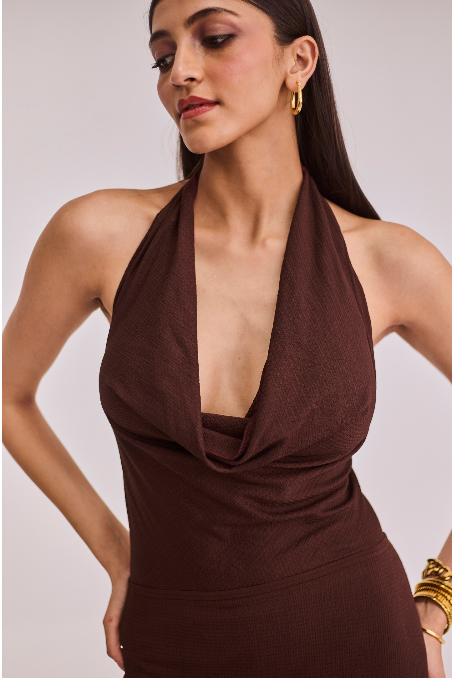 Brown Cowl Neck Maxi Dress