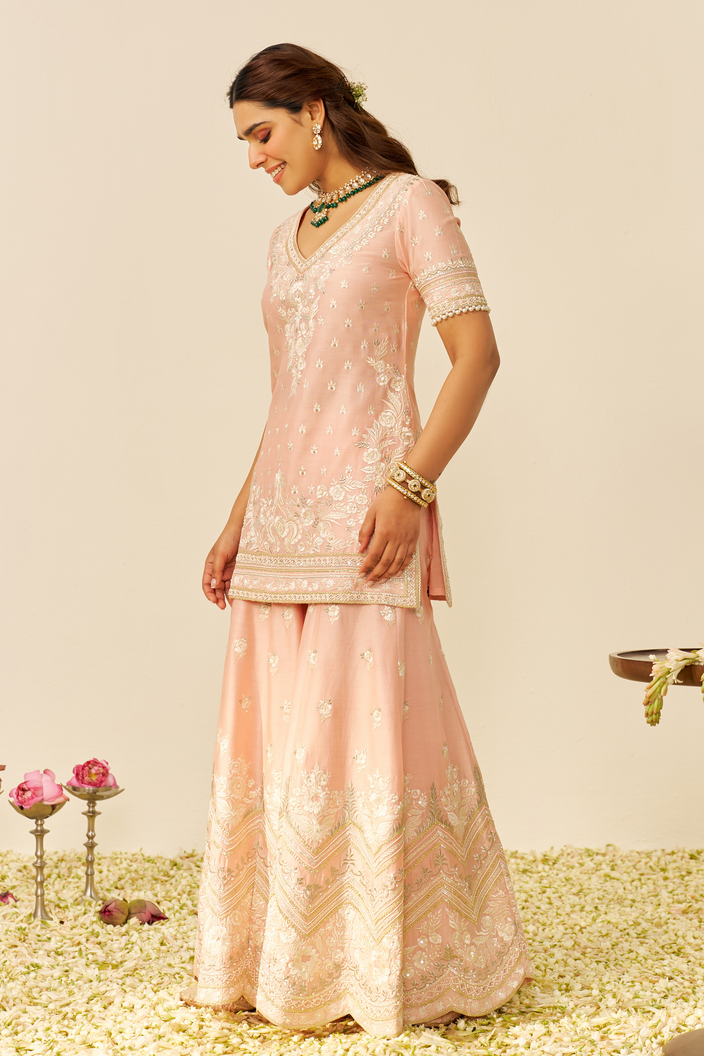 Sameeha - Off Rose Short Kurta With Sharara With Dupatta