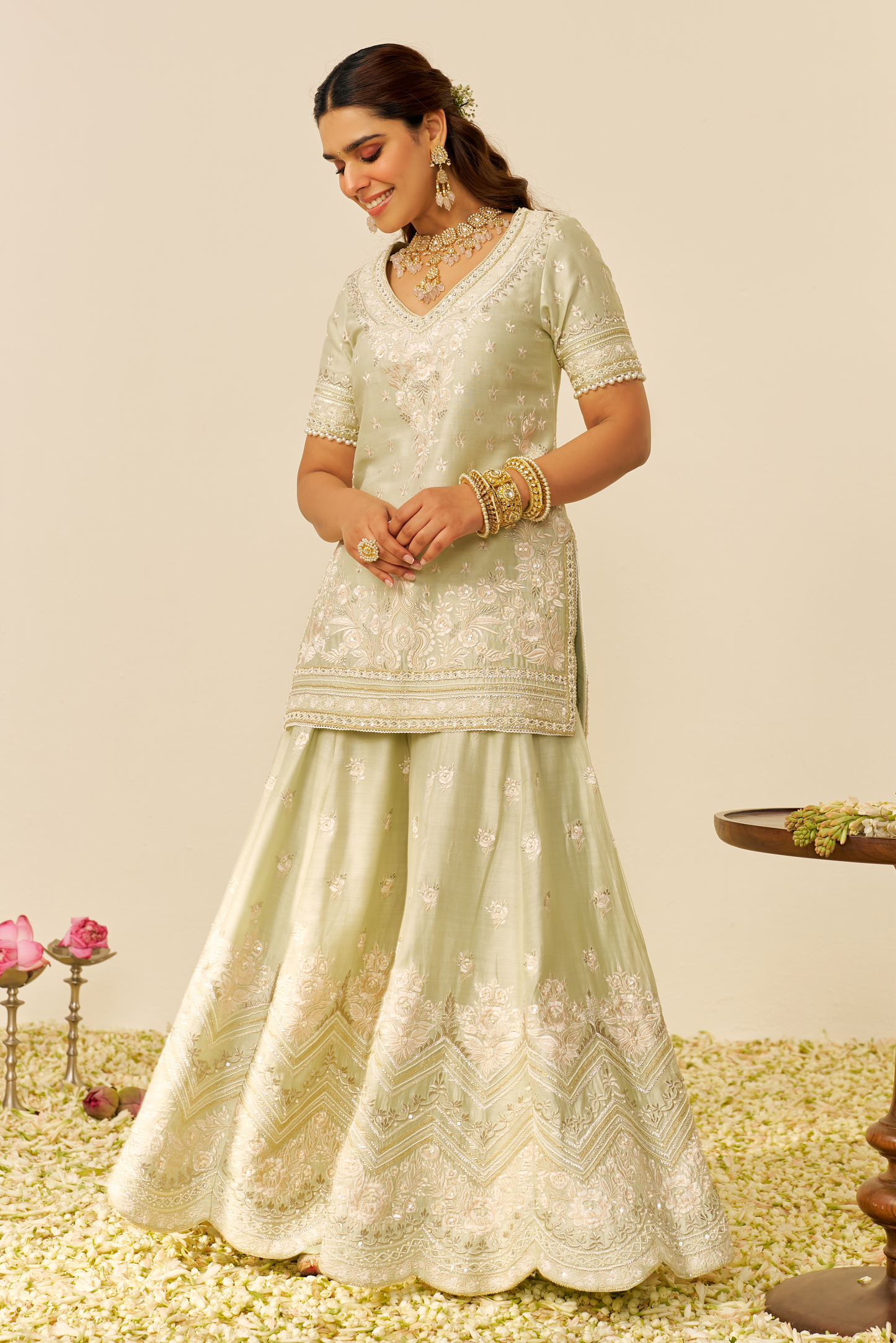 Sameeha - Mint Green Short Kurta With Sharara With Dupatta