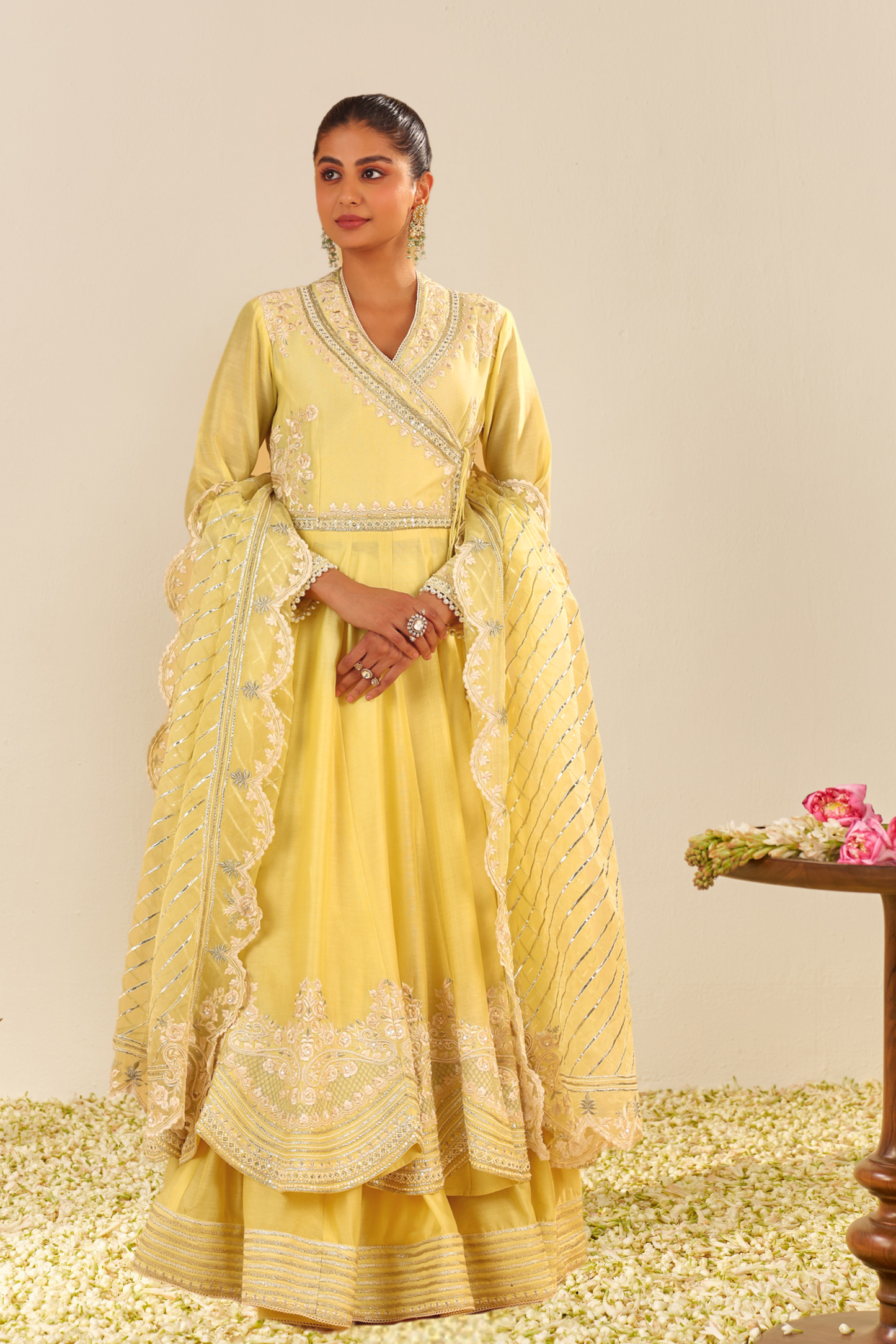 Ameena- lemon Yellow Long Anarkali With Skirt With Dupatta
