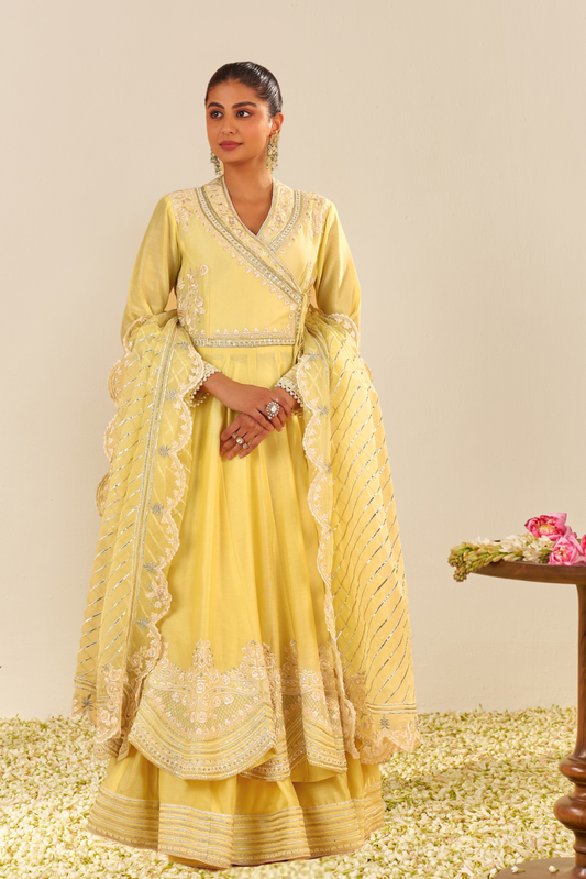 Ameena- lemon Yellow Long Anarkali With Skirt With Dupatta