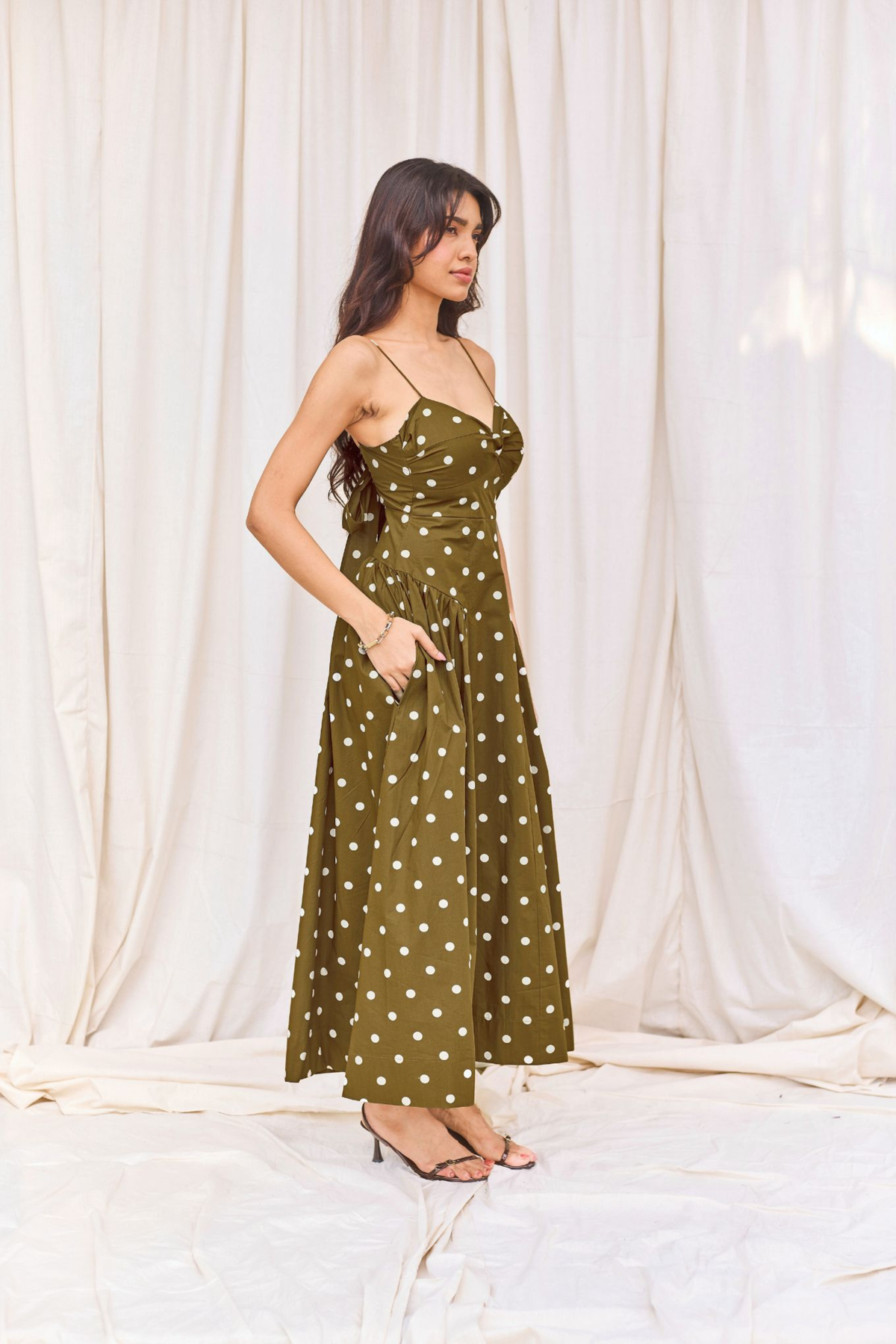 Green & White Polka Flared Midi Dress