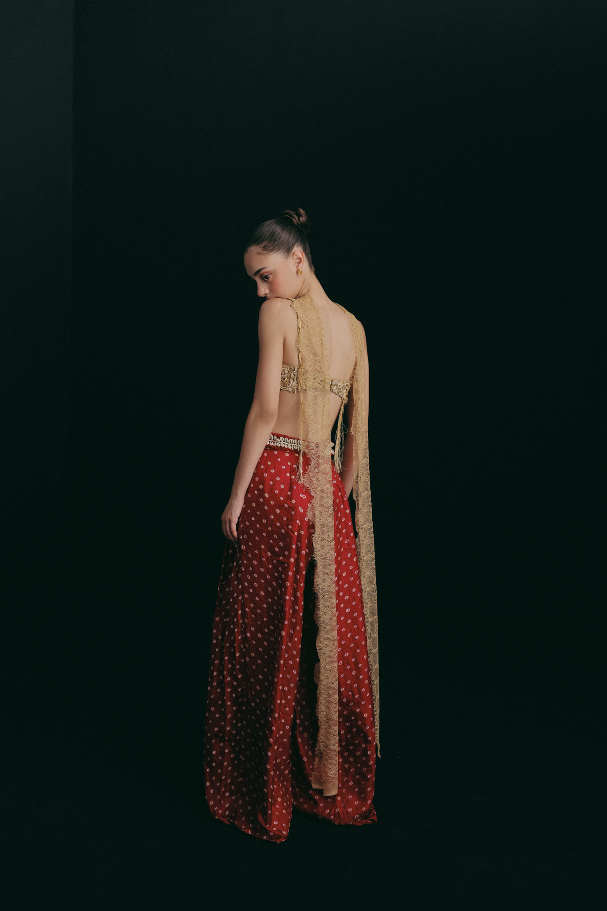 Red Bandhni Trousers, Gilded Sea Shells