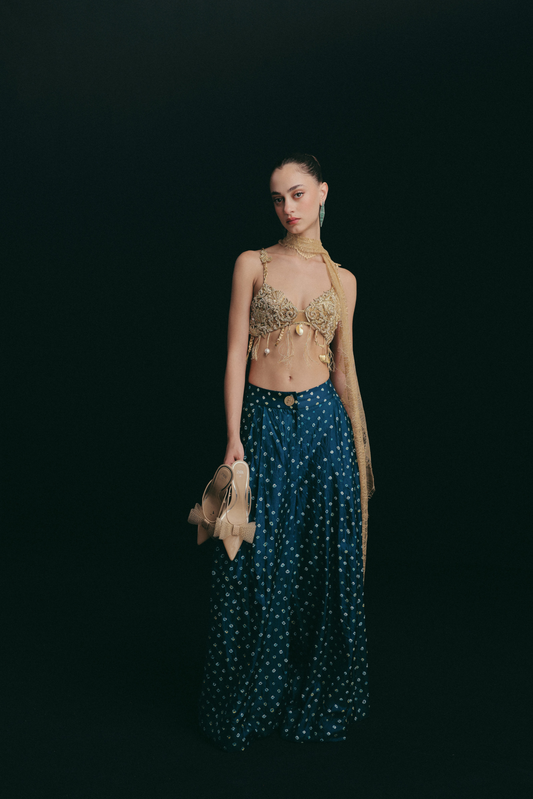 Teal Bandni Trousers, Gilded Shells