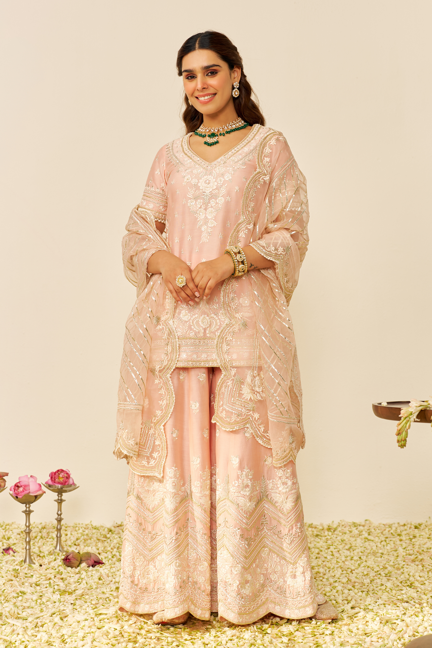 Sameeha - Off Rose Short Kurta With Sharara