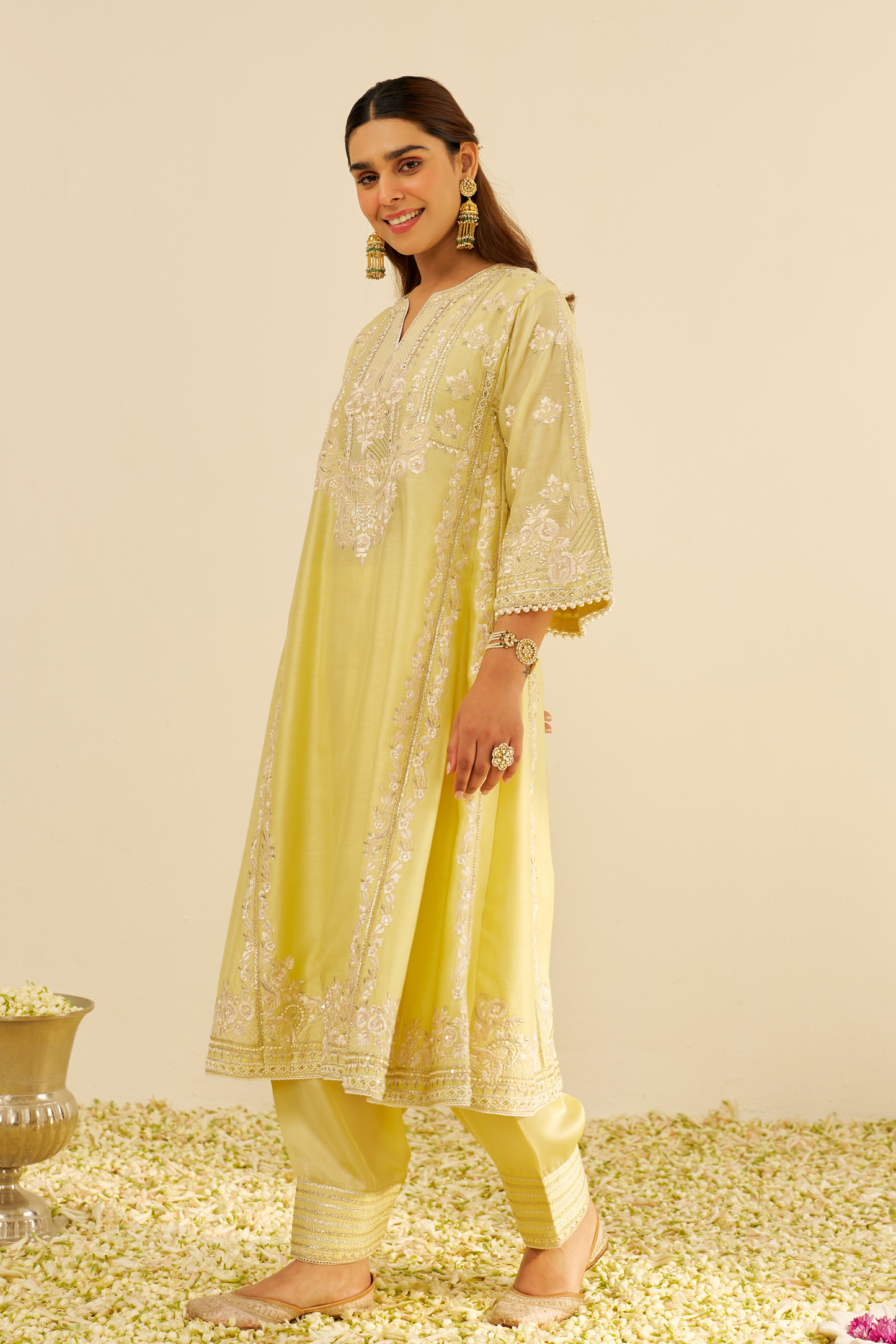 Maziya - Lemon Yellow Long Chauga With Salwar And Dupatta
