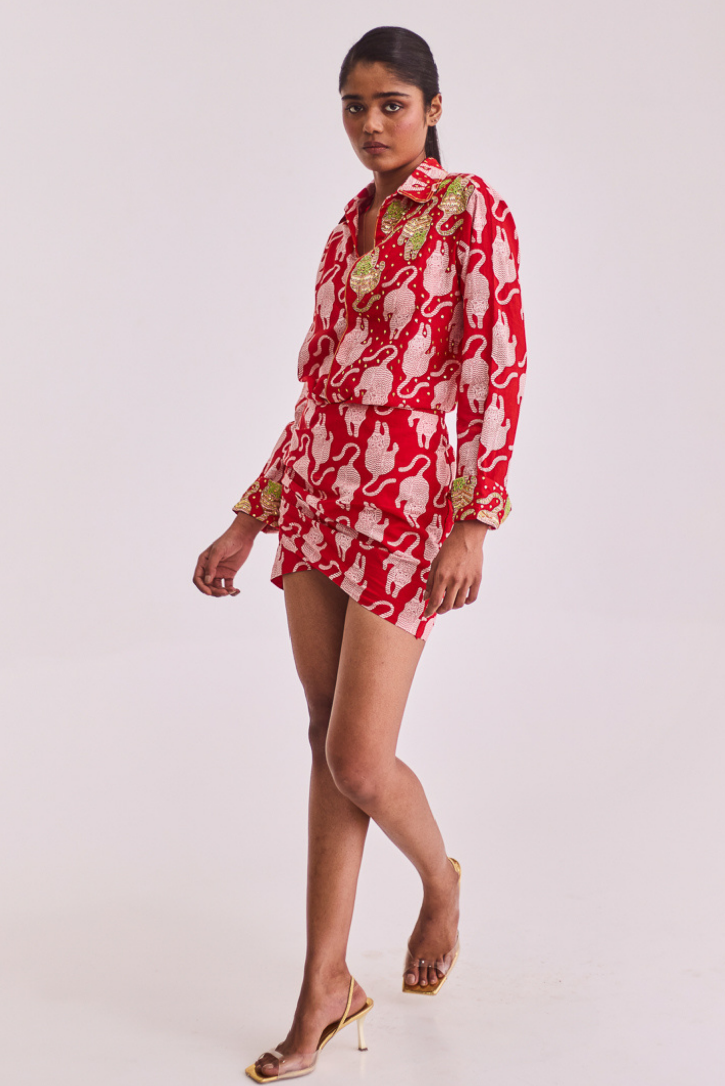 Red Tiger Print Dress with Embroidery