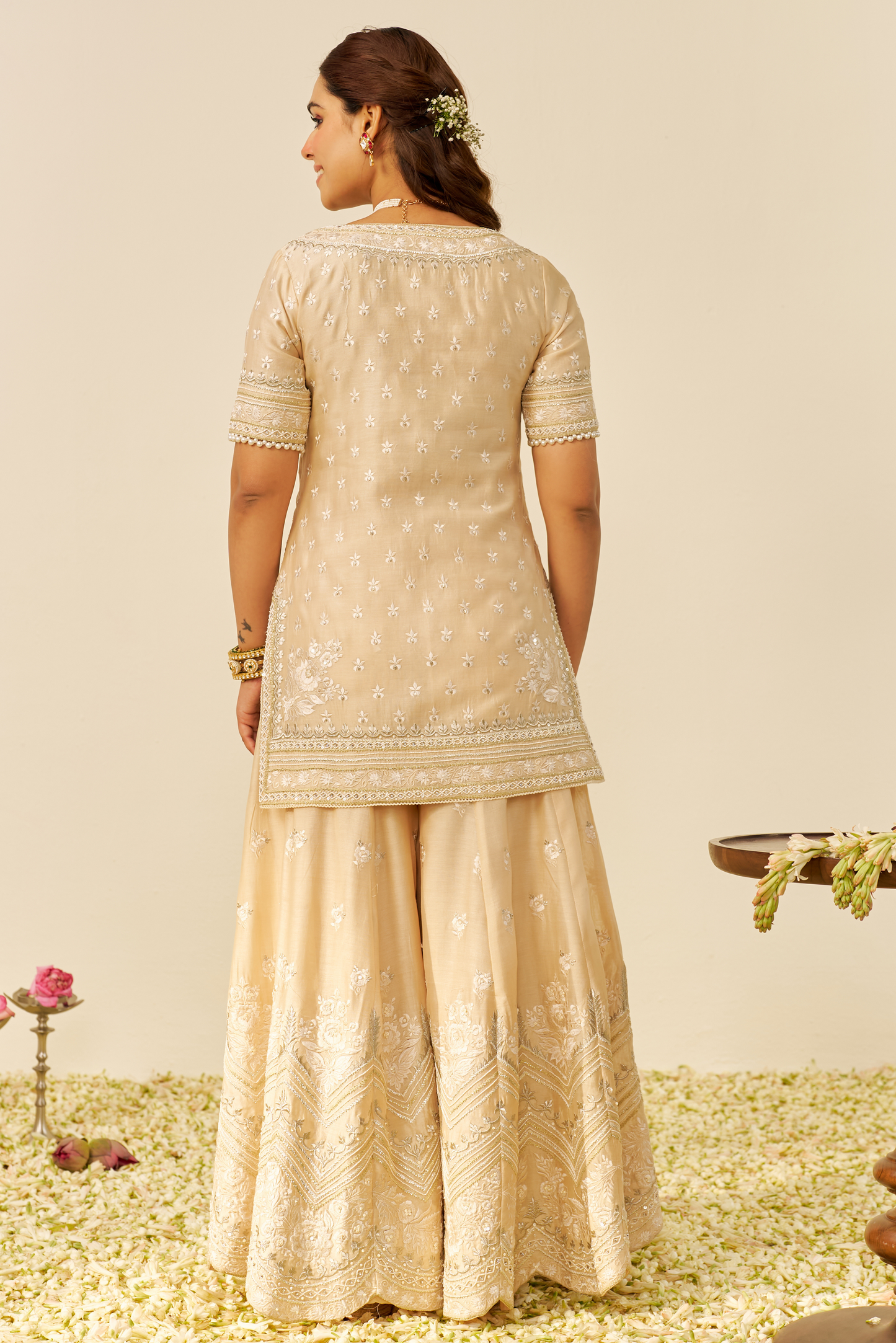 Sameeha - Beige Short Kurta With Sharara