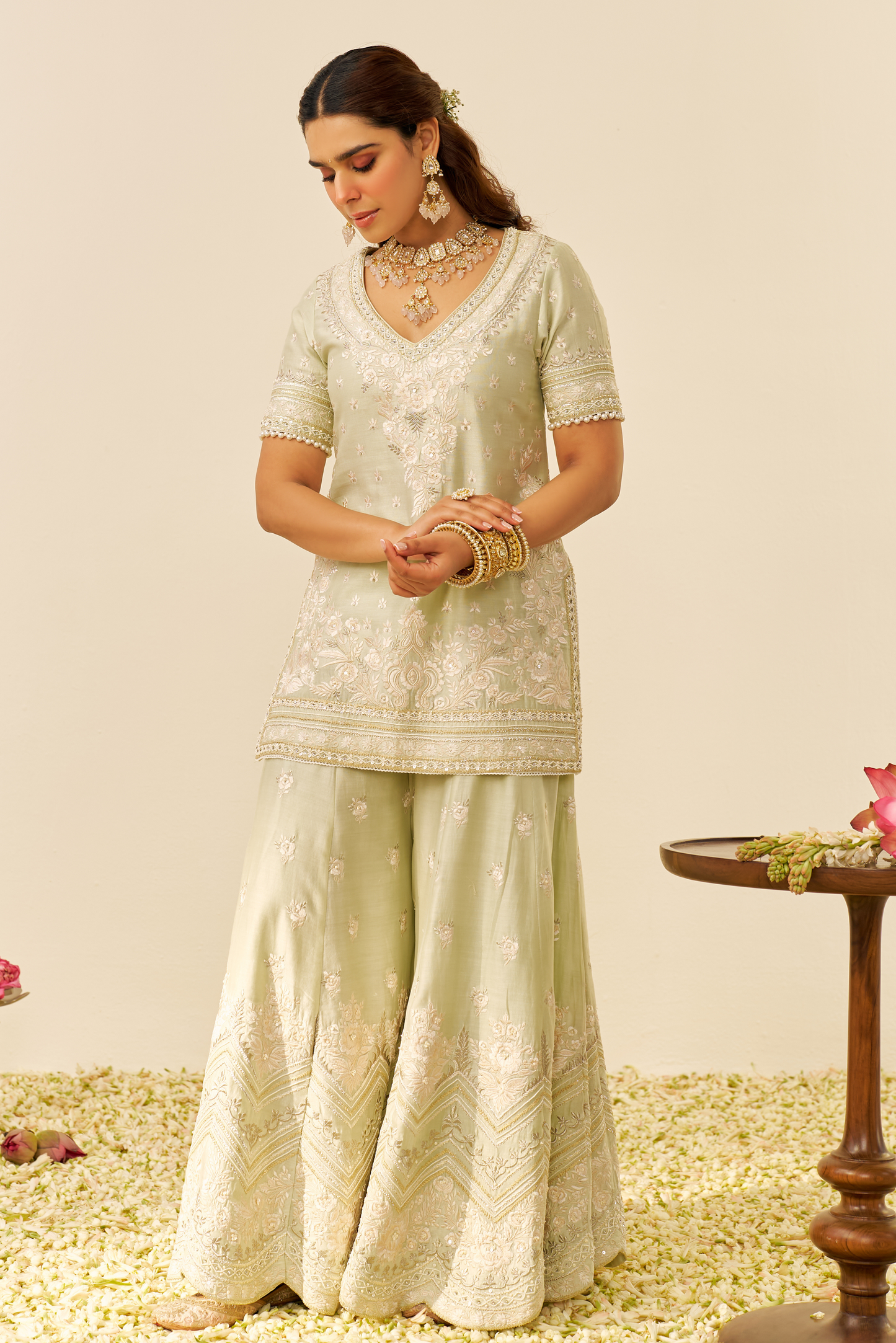 Sameeha - Mint Green Short Kurta With Sharara With Dupatta