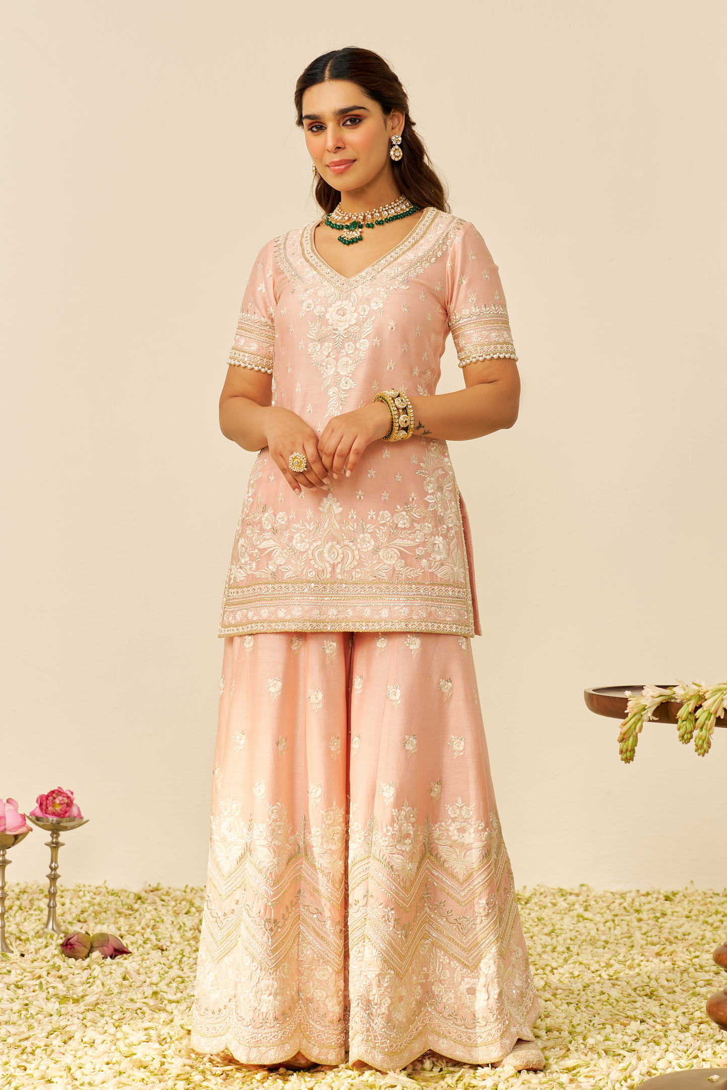 Sameeha - Off Rose Short Kurta With Sharara With Dupatta
