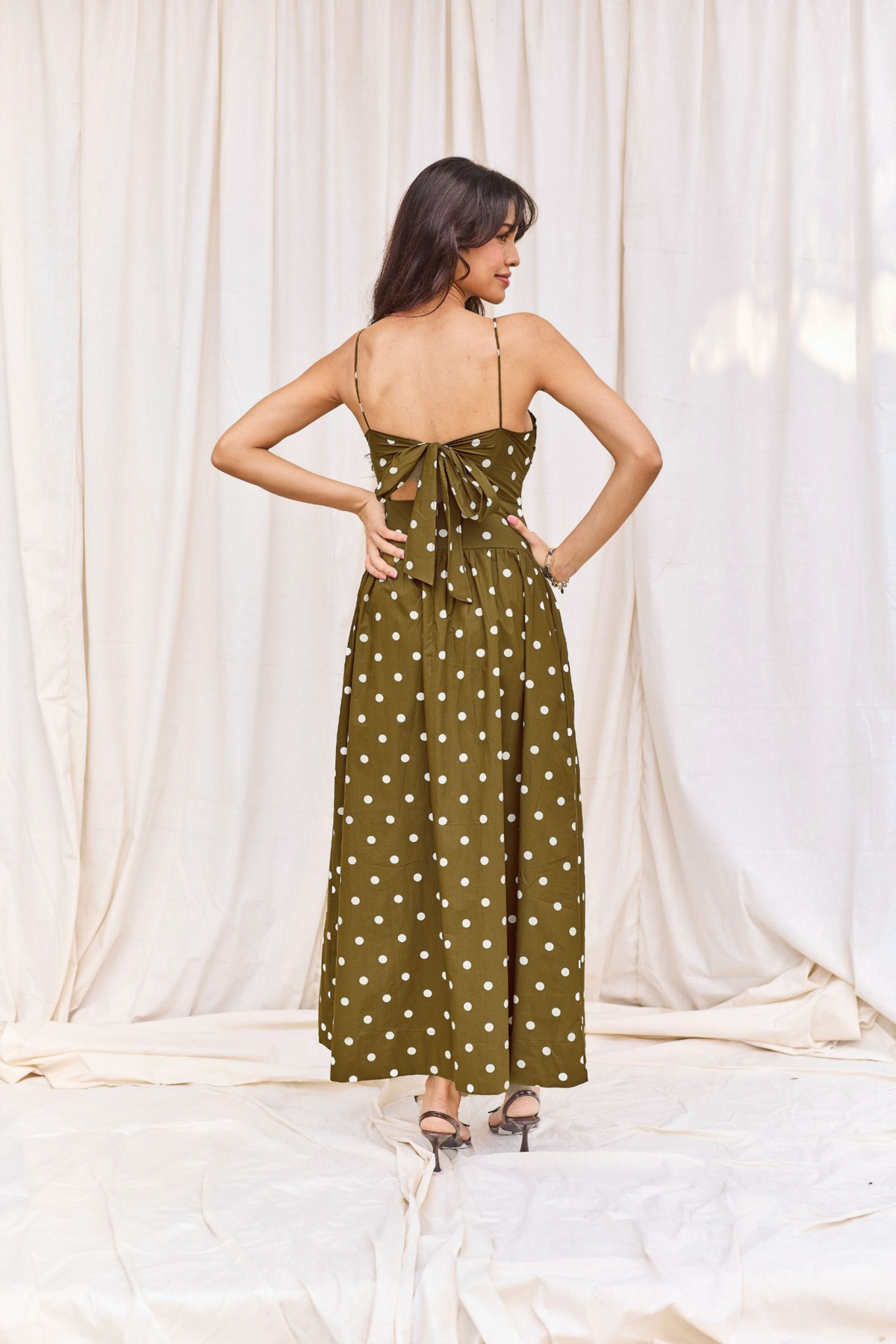 Green & White Polka Flared Midi Dress