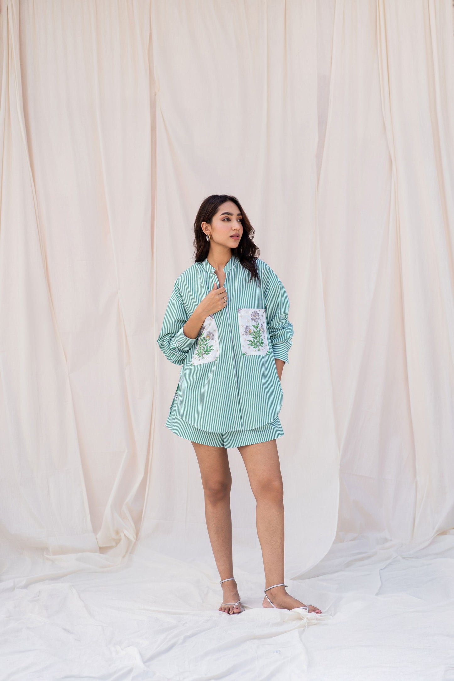 Green Striped Embroidered Shirt & Shorts Set