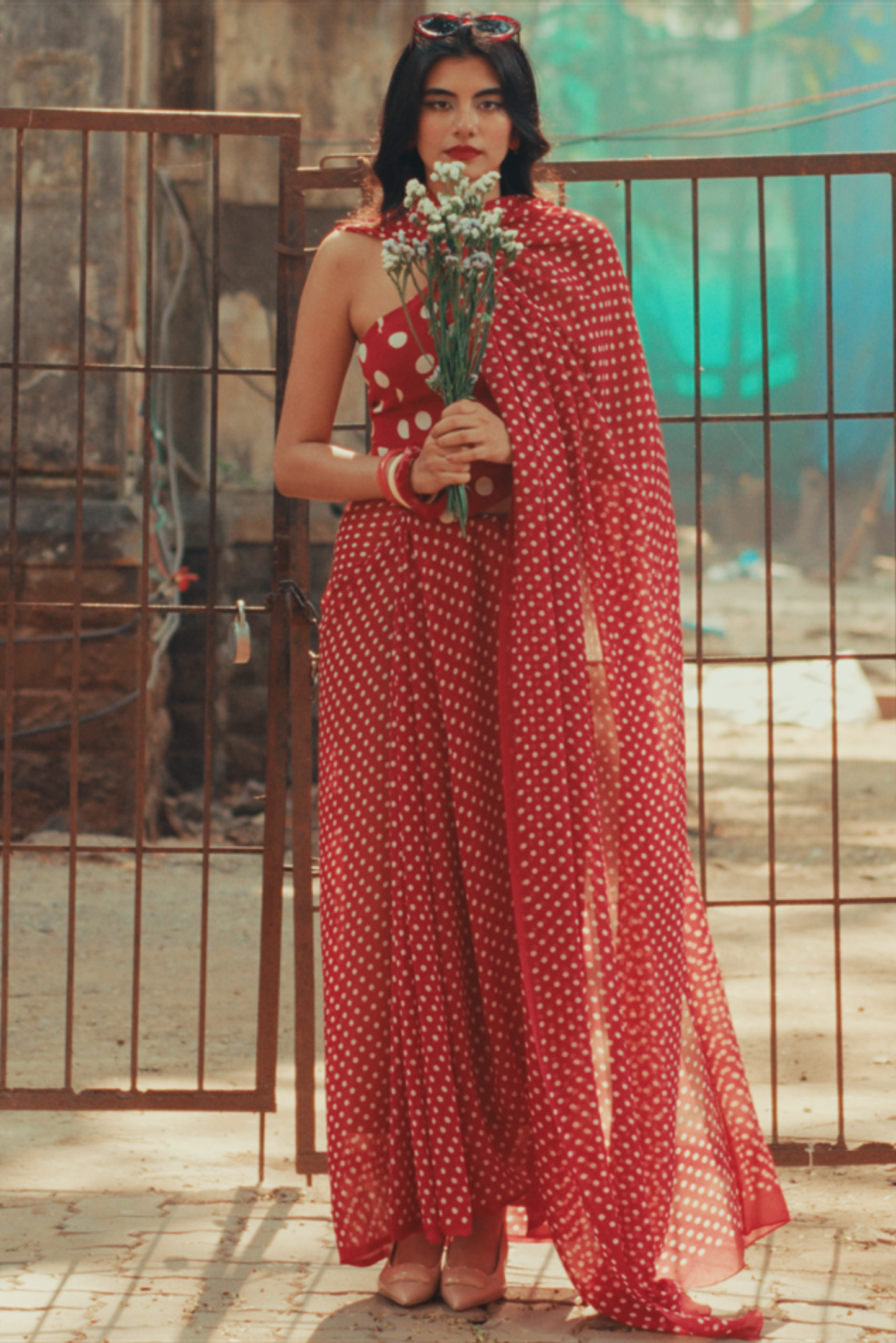 Red Polka dot chiffon saree