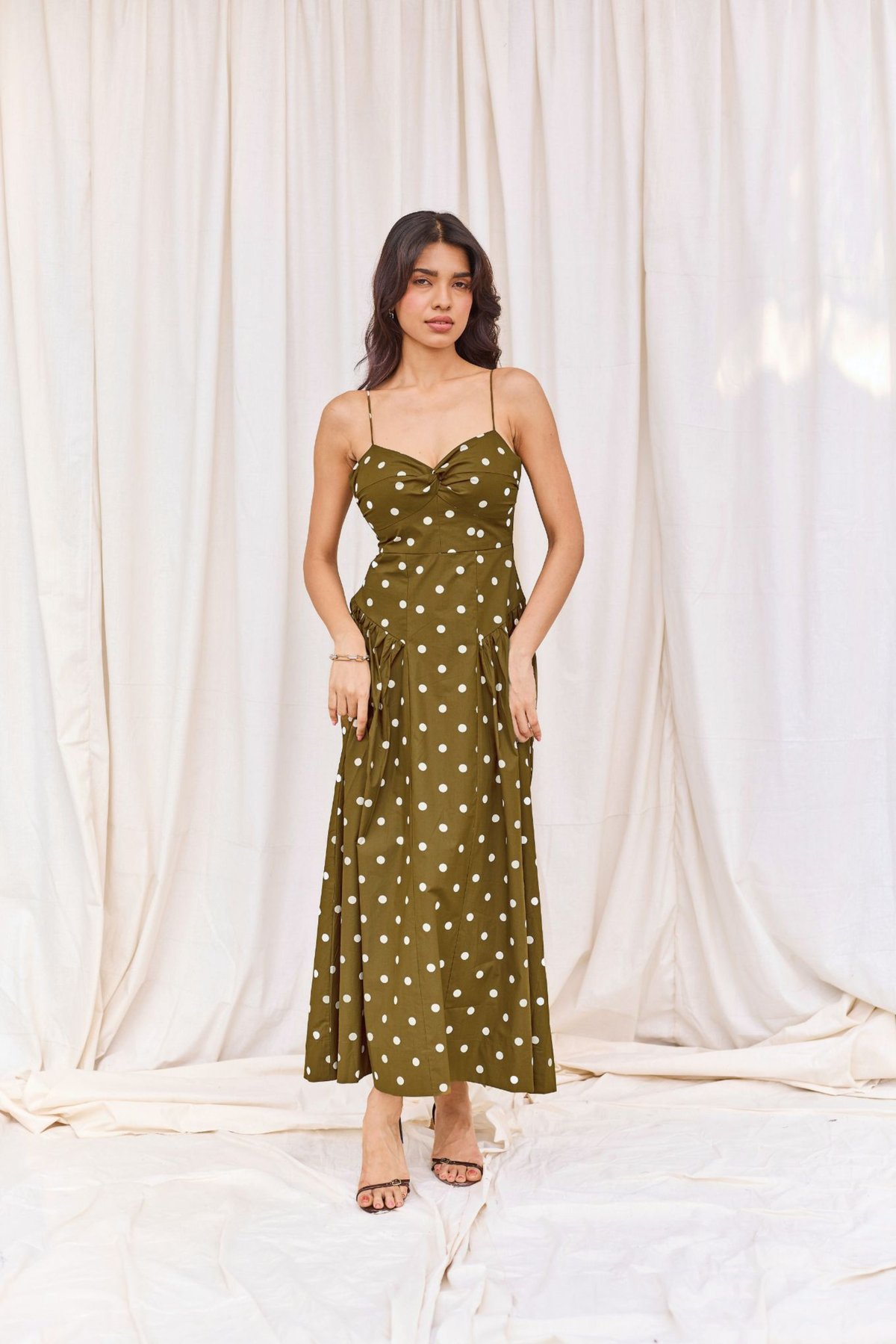 Green & White Polka Flared Midi Dress