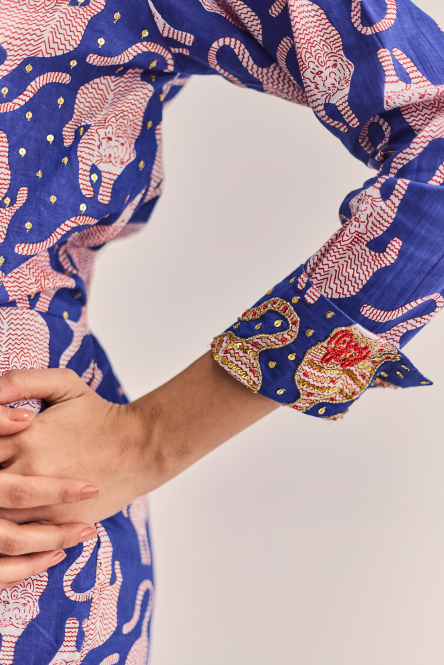 Blue Tiger Print Dress with Embroidery