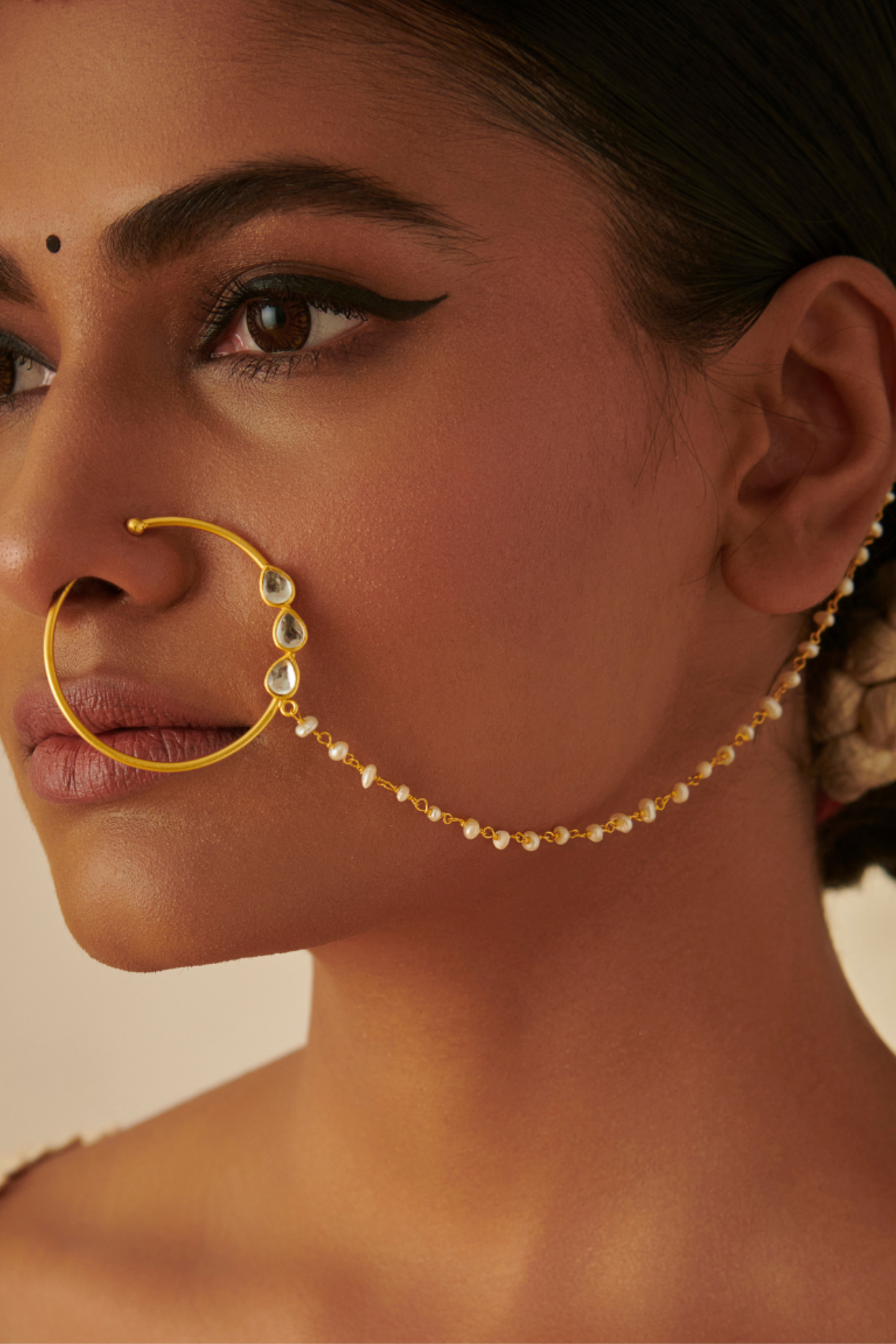 Delicate Dream Nose RIng with Mirror Polki and Pearls