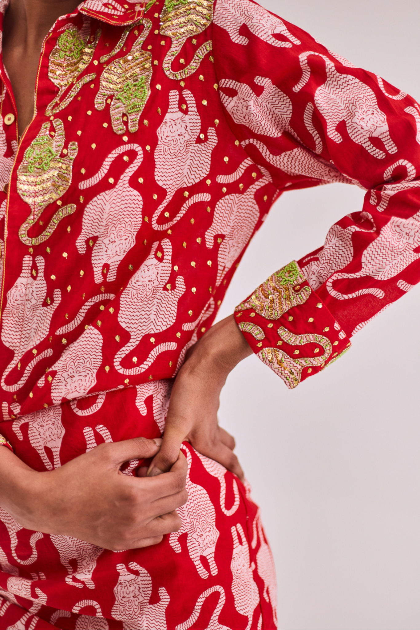 Red Tiger Print Dress with Embroidery