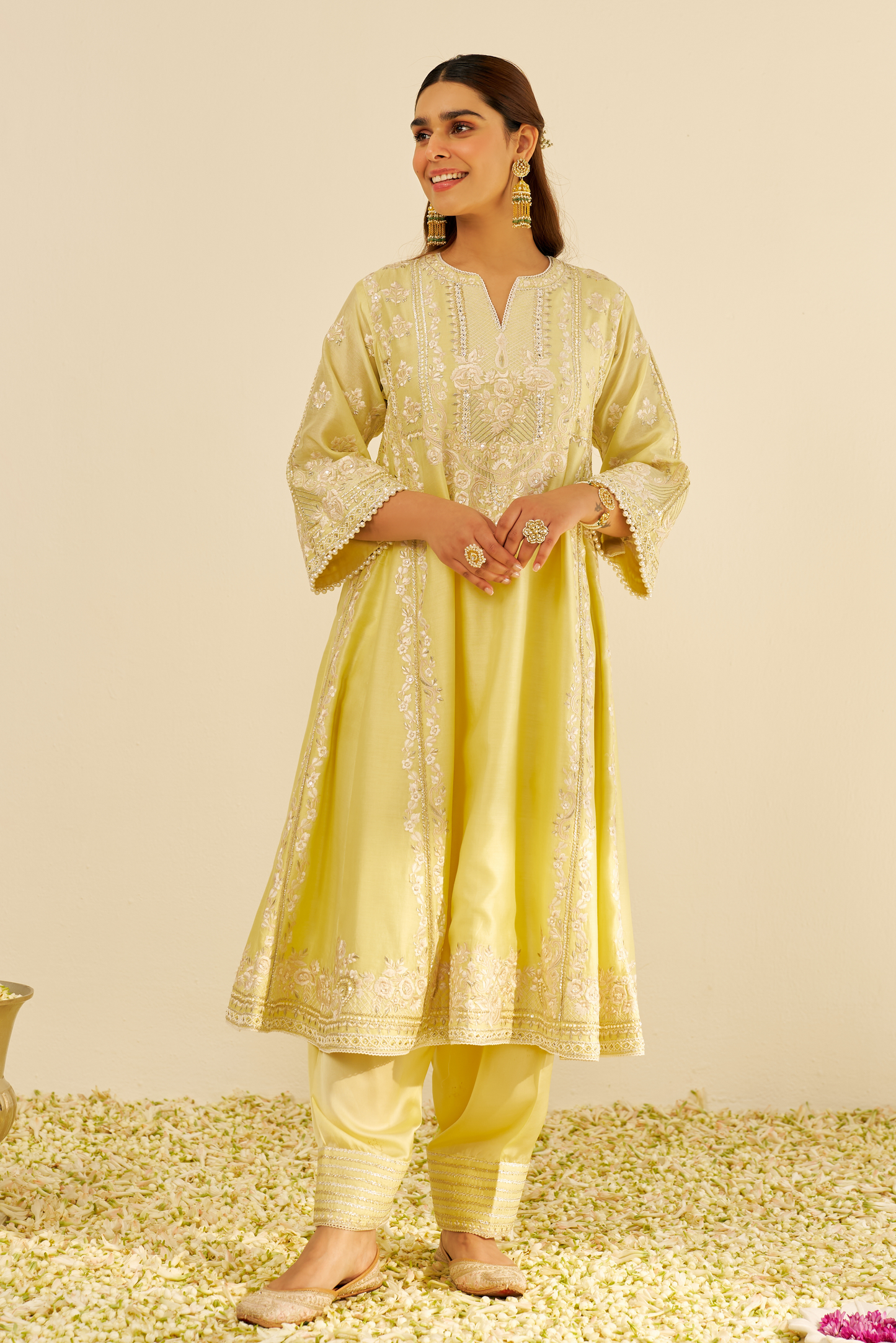 Maziya - Lemon Yellow Long Chauga With Salwar And Dupatta