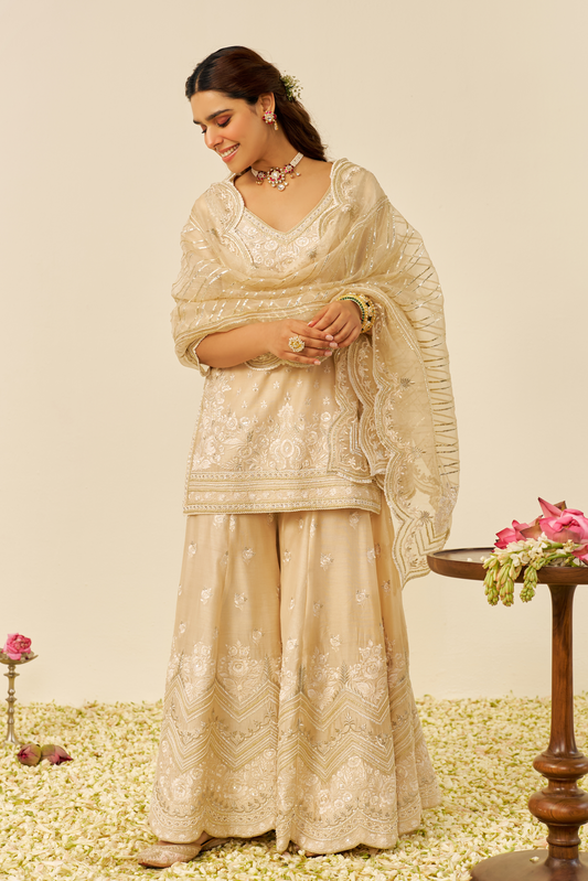 Sameeha - Beige Short Kurta With Sharara