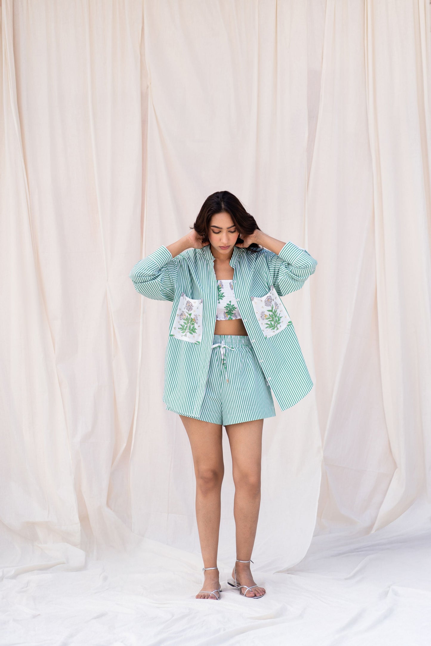 Green Striped Embroidered Set with Crop Top