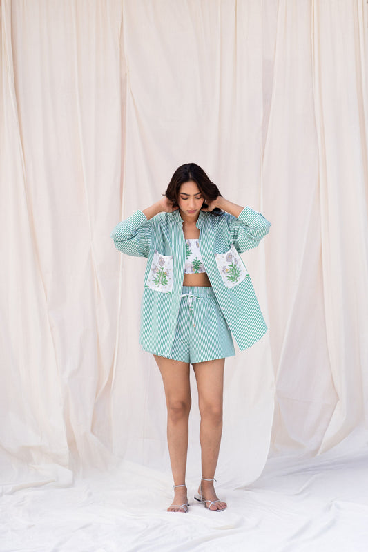 Green Striped Embroidered Set with Crop Top