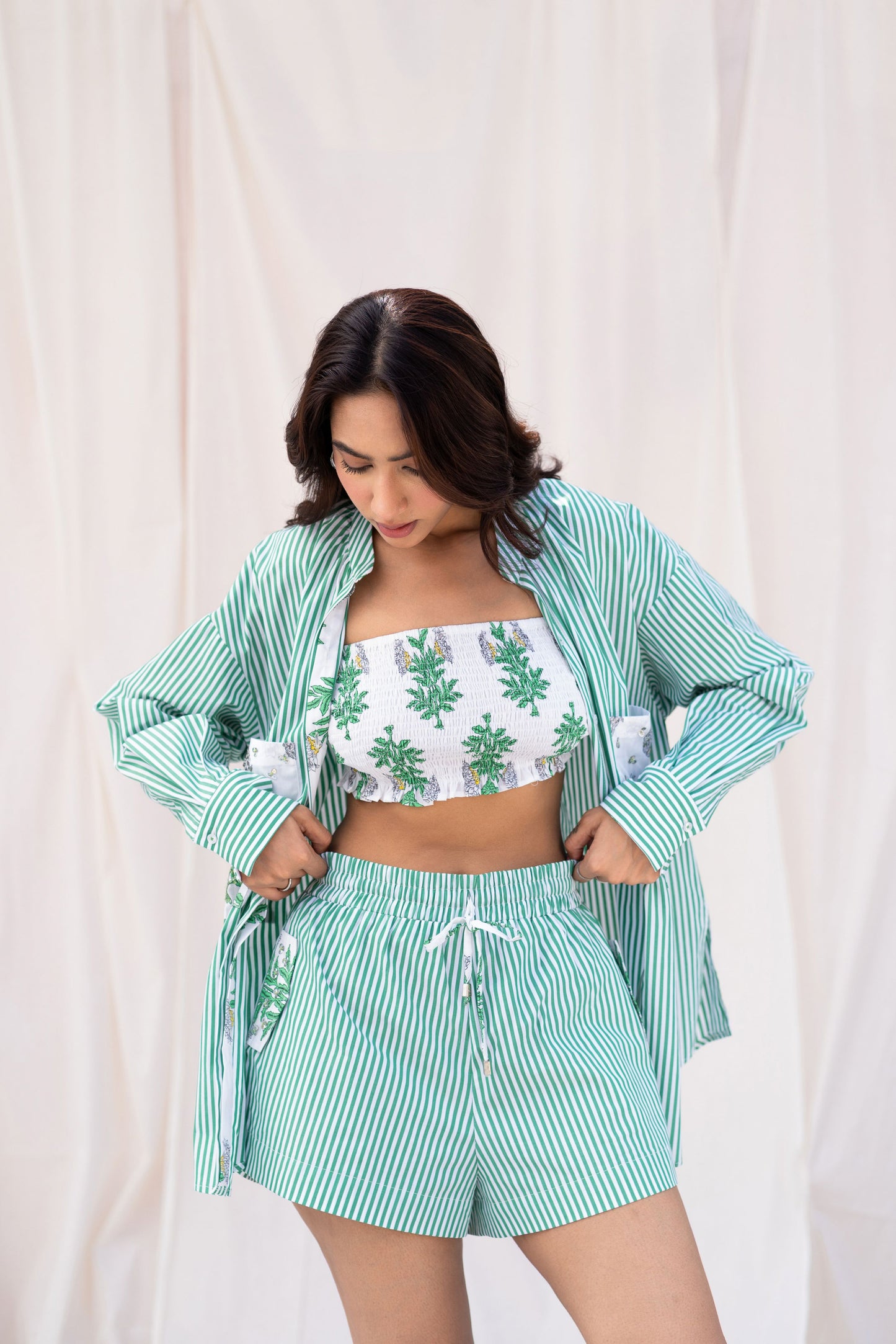 Green Striped Embroidered Set with Crop Top