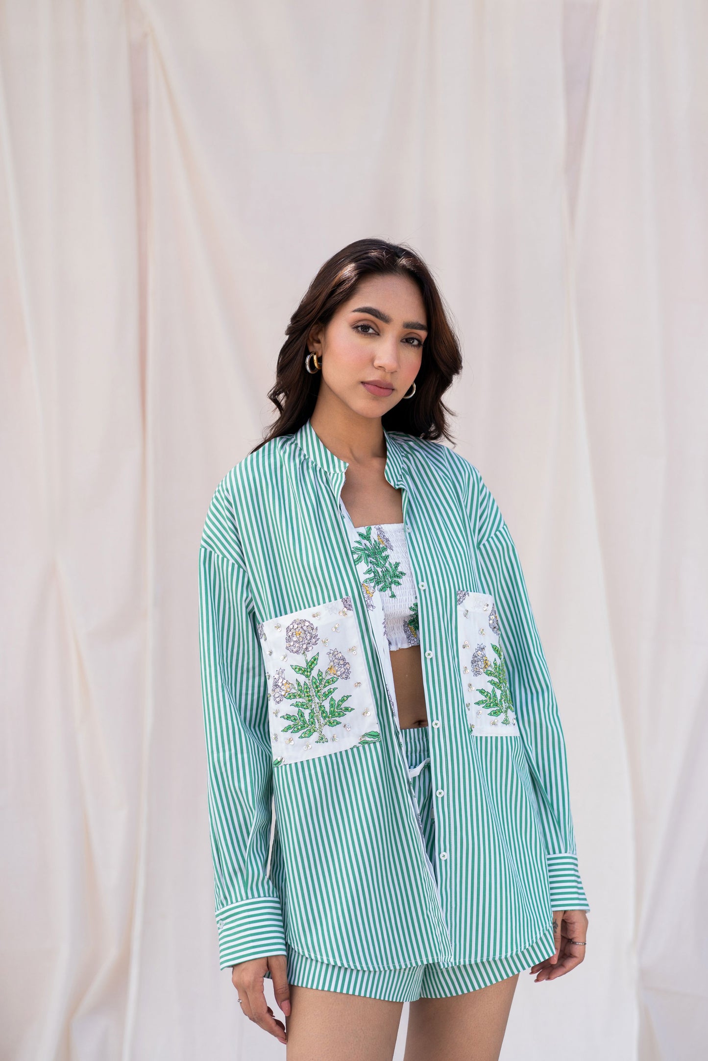 Green Striped Embroidered Set with Crop Top