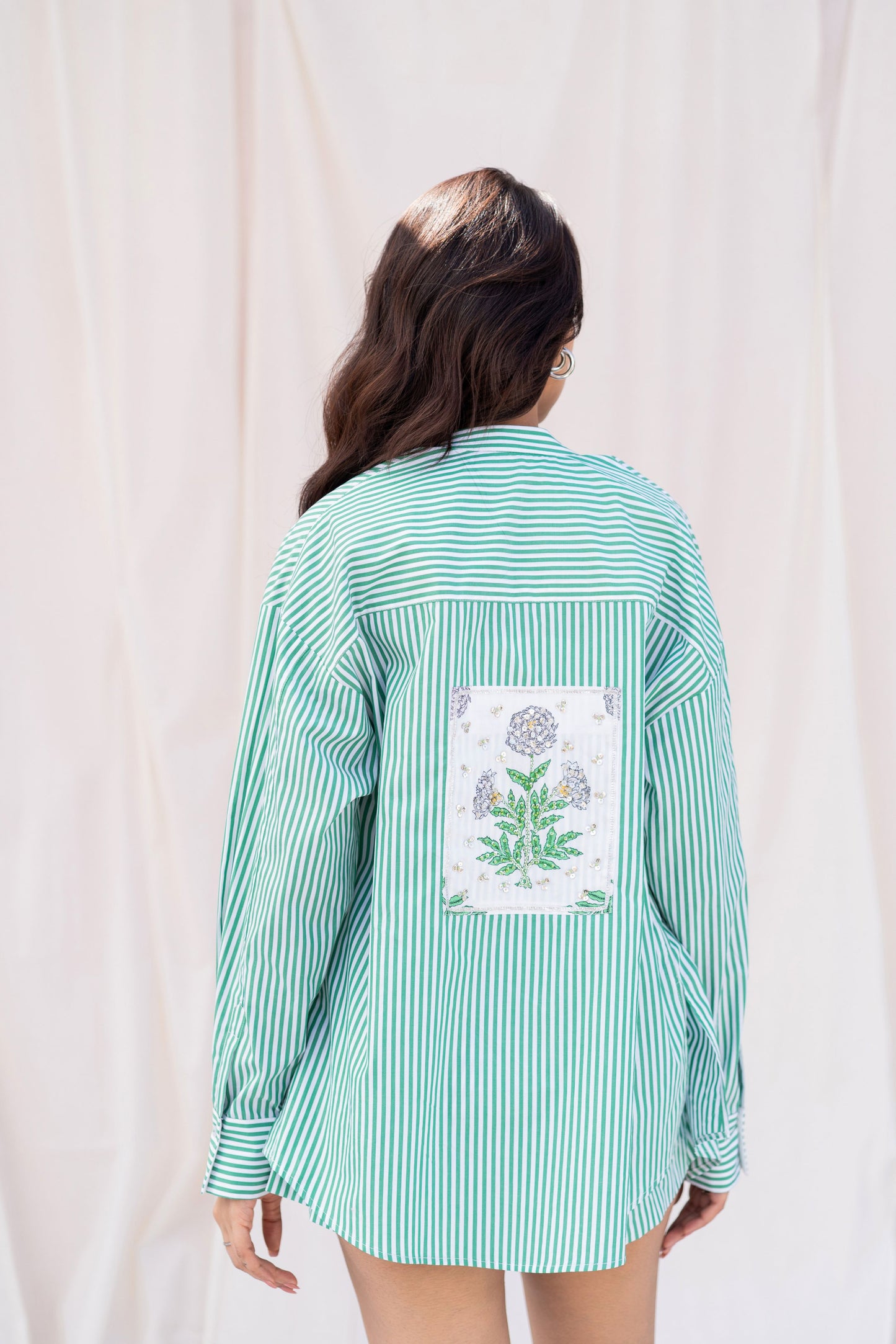 Green Striped Embroidered Set with Crop Top