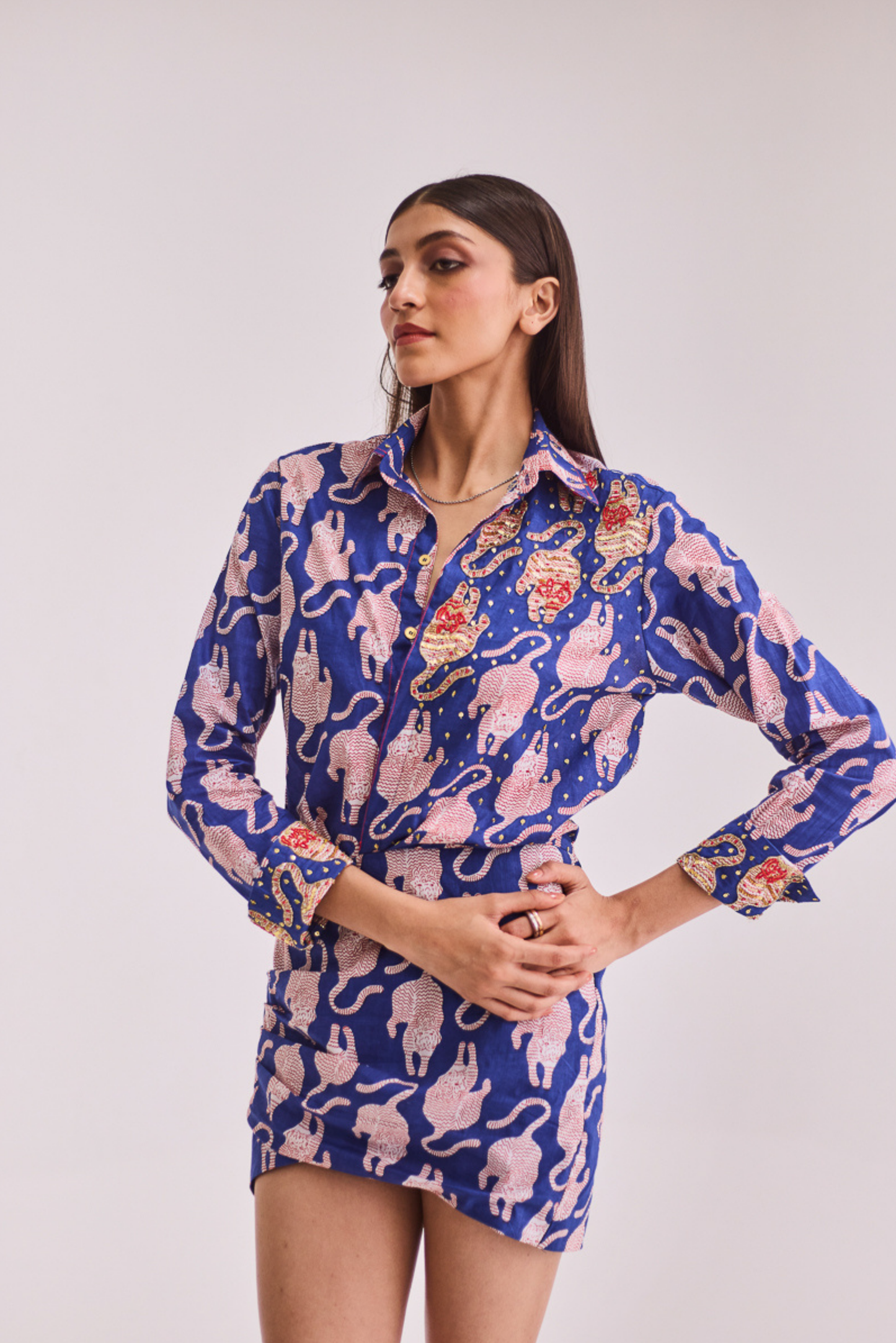 Blue Tiger Print Dress with Embroidery