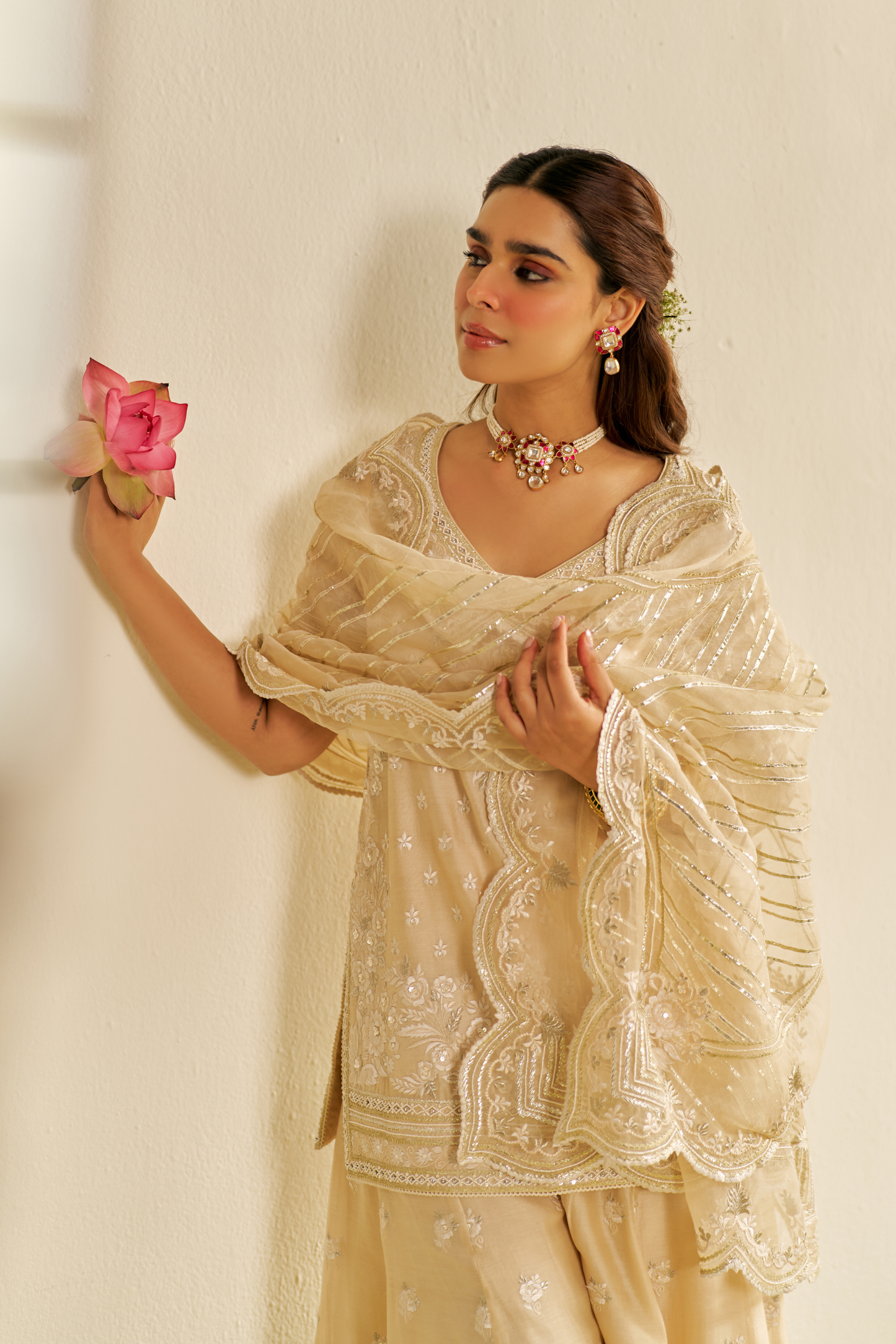 Sameeha - Beige Short Kurta With Sharara
