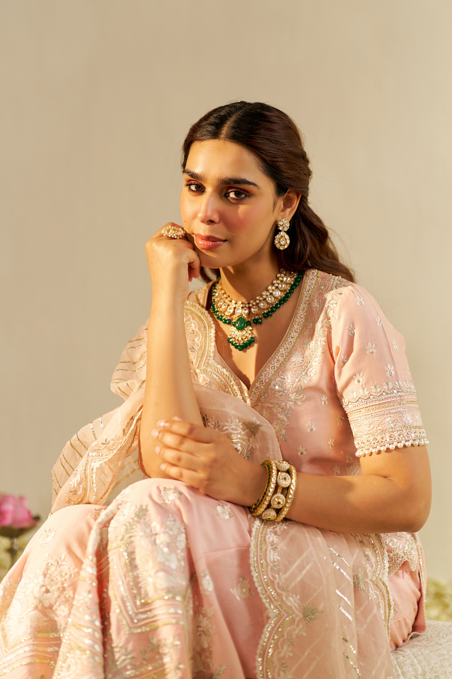 Sameeha - Off Rose Short Kurta With Sharara With Dupatta