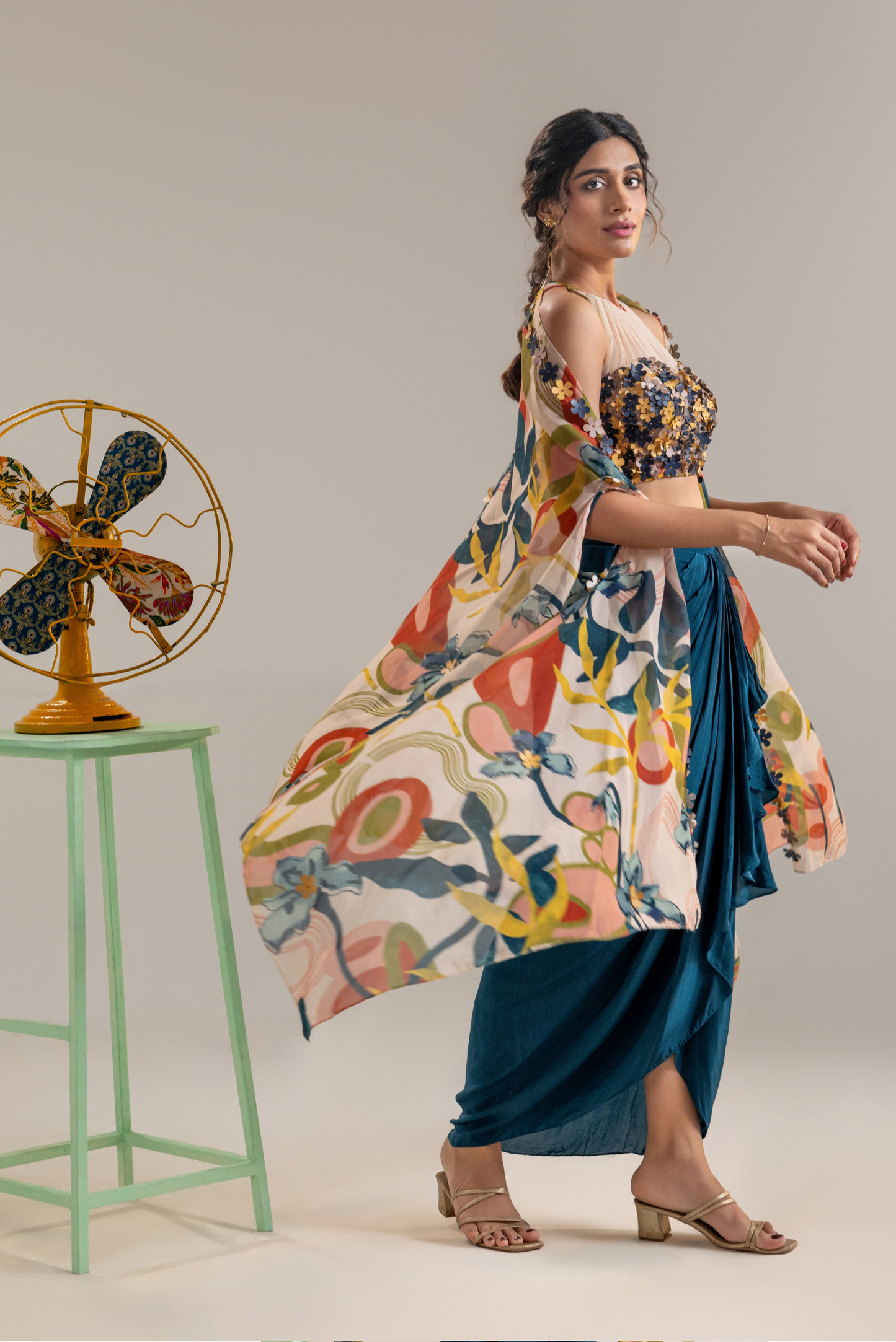 Flora Embroidered Drape Skirt Set with a Cape