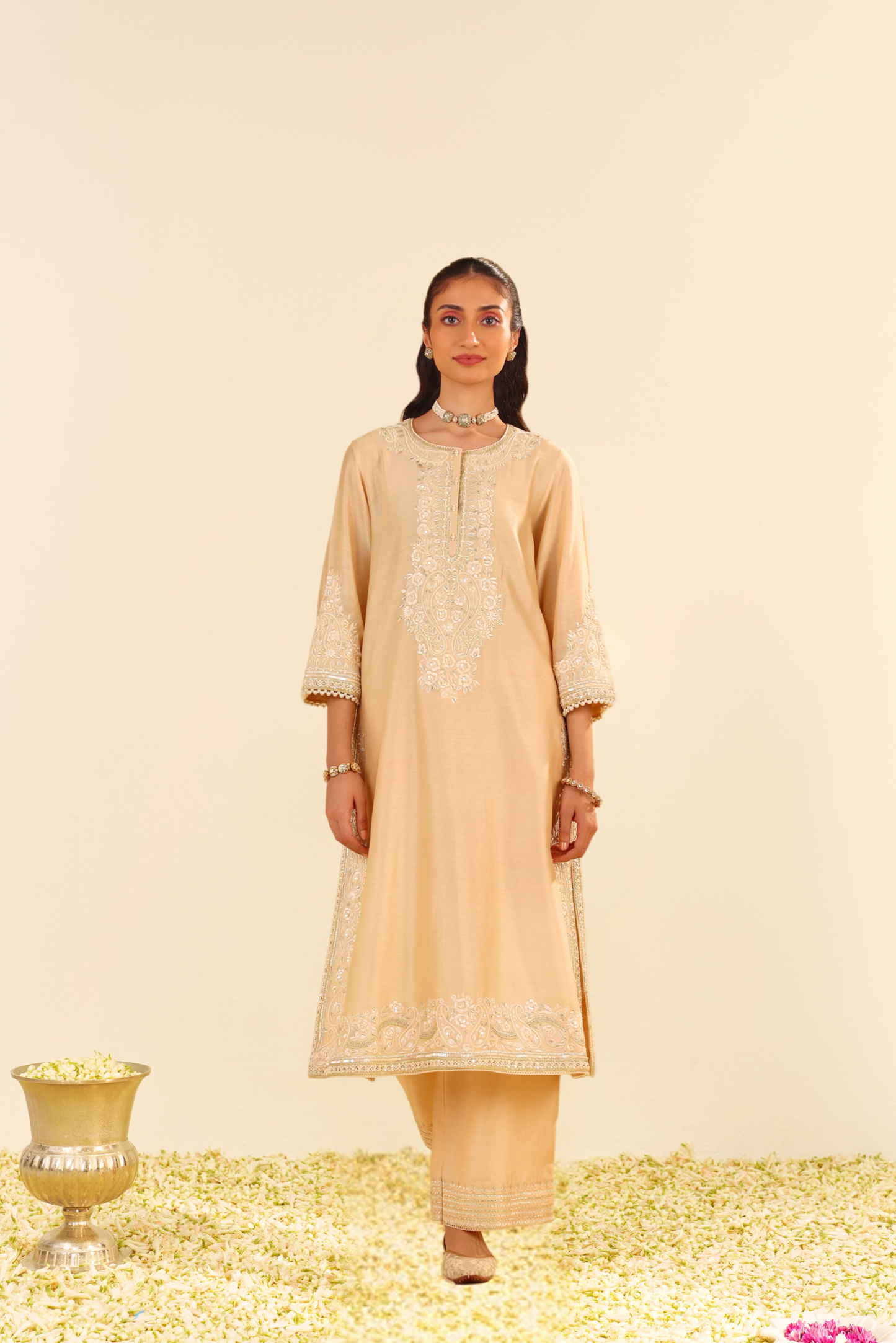 Sereen - Beige A-Line Kurta With Palazzo and Dupatta