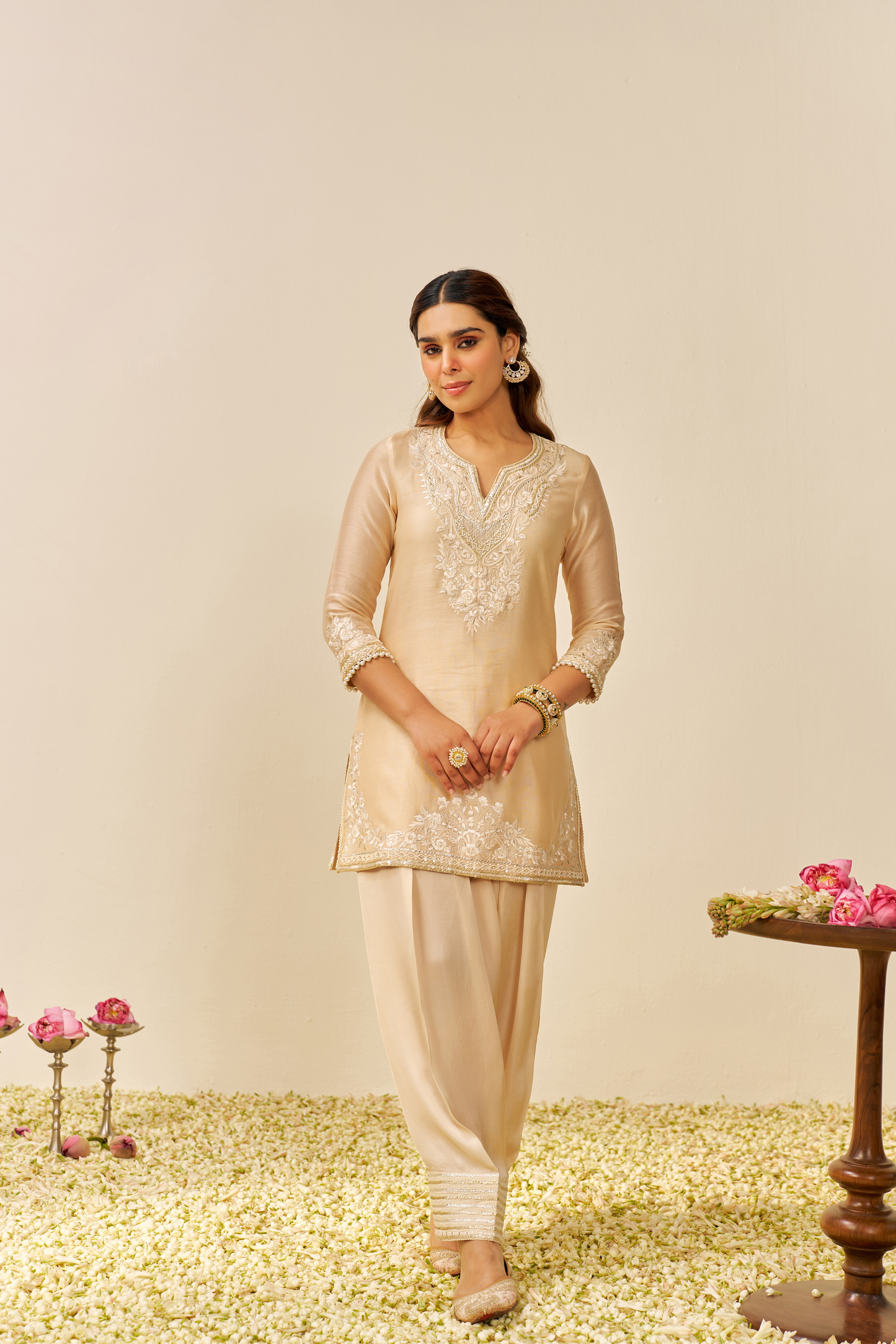 Haniya - Beige Short Kurta With Salwar