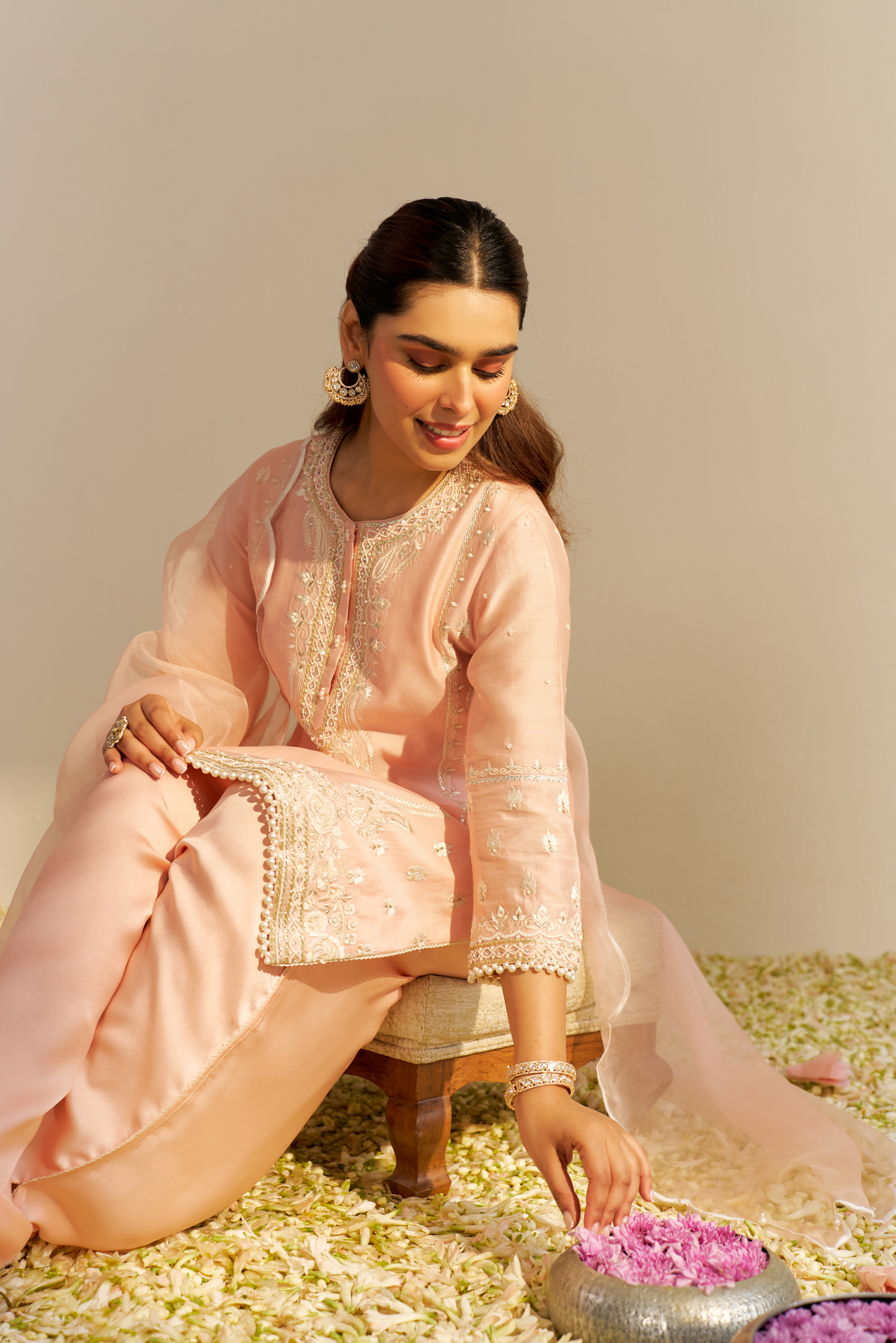 Zahra - Off Rose Short Kurta With Dhoti and Dupatta