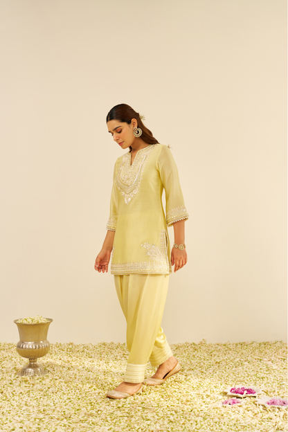 Sara-Lemon Yellow Short Kurta with Salwar