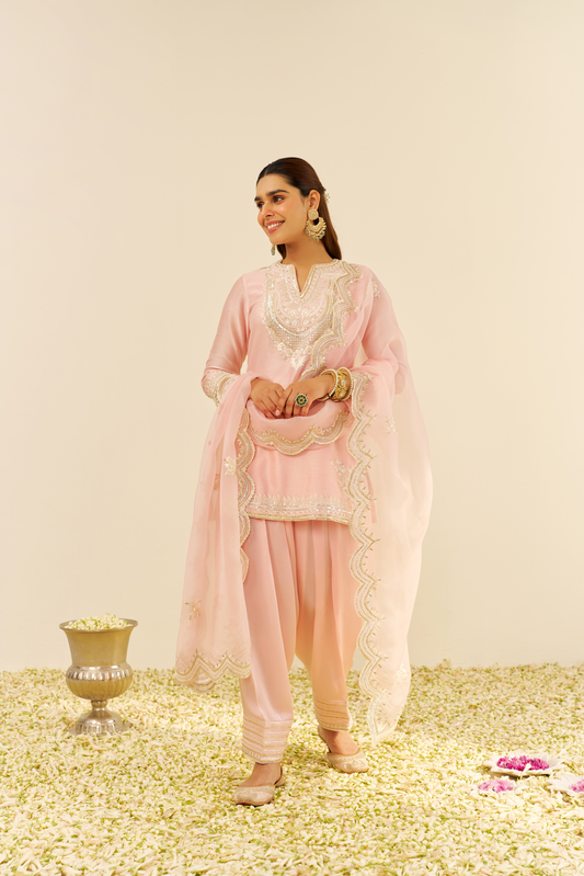Sara- Blush Pink Short Kurta with Salwar and Dupatta