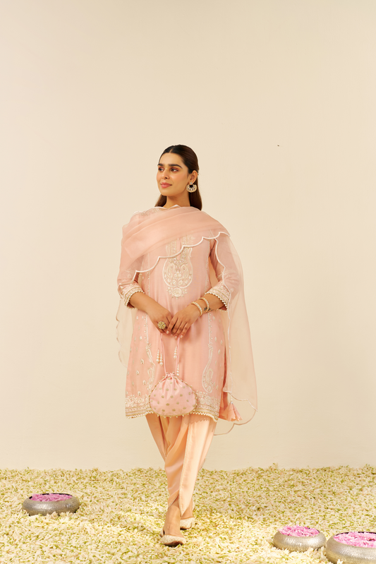 Zahra - Off Rose Short Kurta With Dhoti and Dupatta