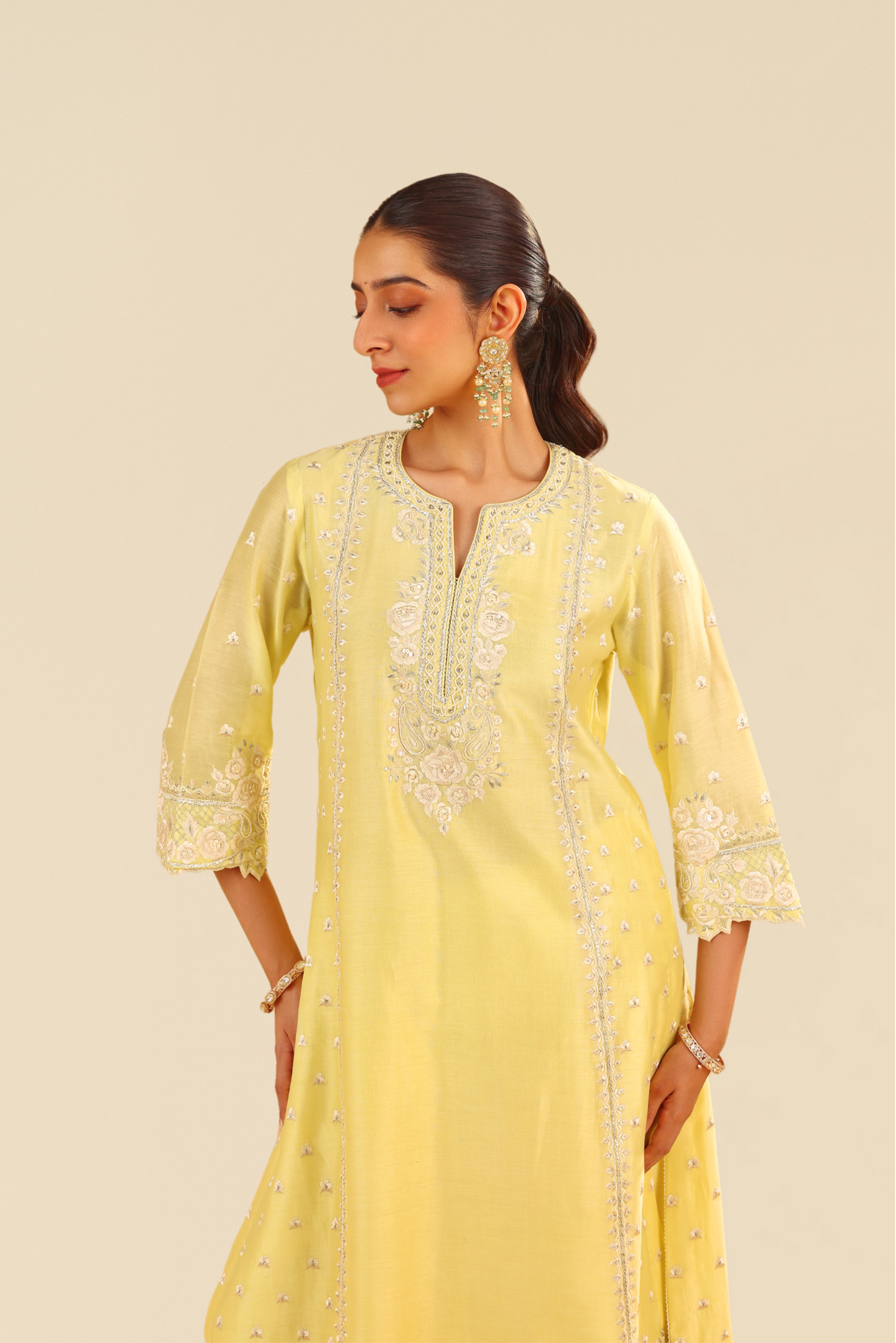 Sumaiya- Lemon Yellow A LIne Kurta With Palazzo and Dupatta