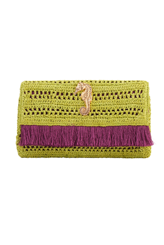 Poppy Green Slim Raffia Clutch