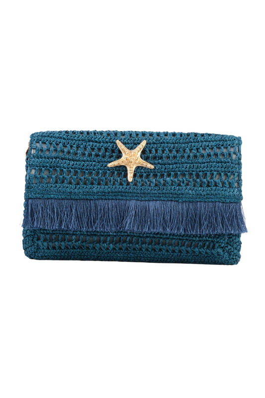 Teal Slim Raffia Clutch