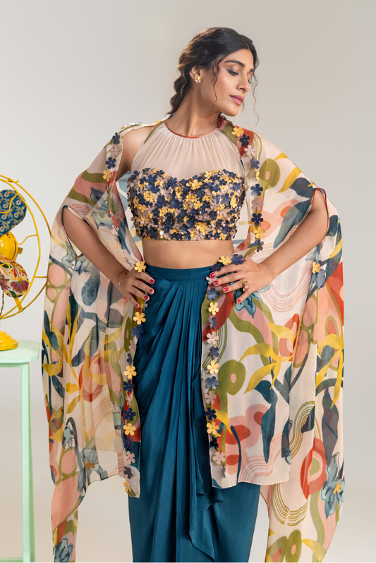 Flora Embroidered Drape Skirt Set with a Cape