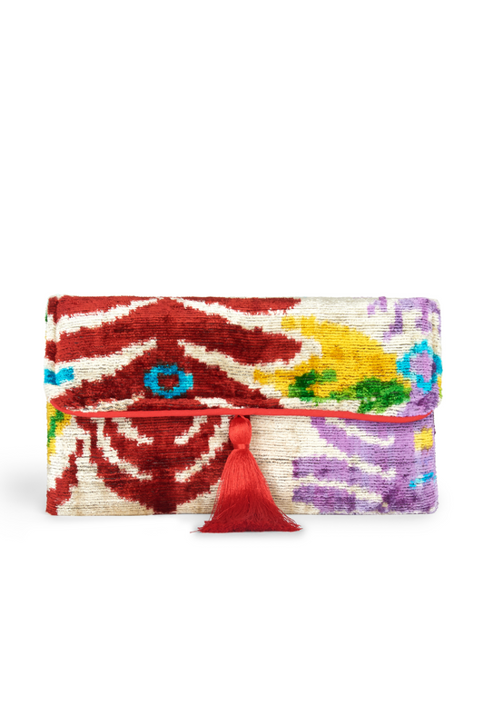 Samba Red Multicolor Velvet Silk Fold Over Clutch