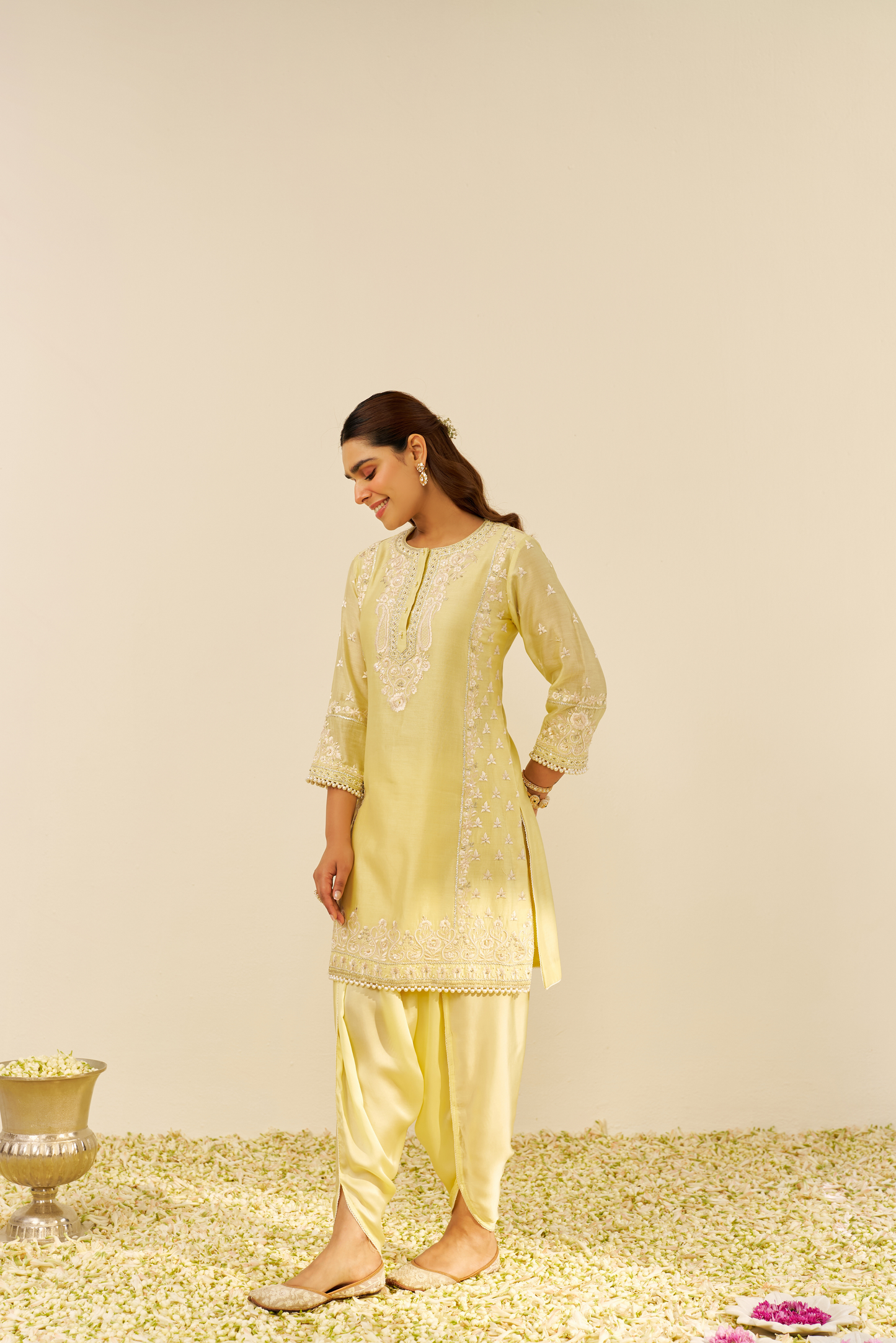 Zaisha - Lemon Yellow Short Kurta With Dhoti and Dupatta