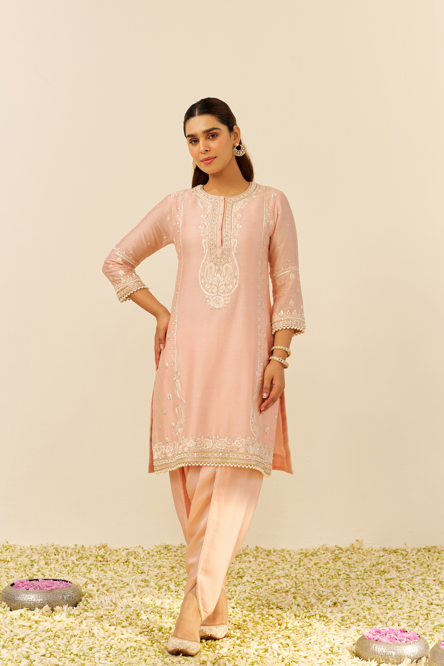 Zahra - Off Rose Short Kurta With Dhoti and Dupatta