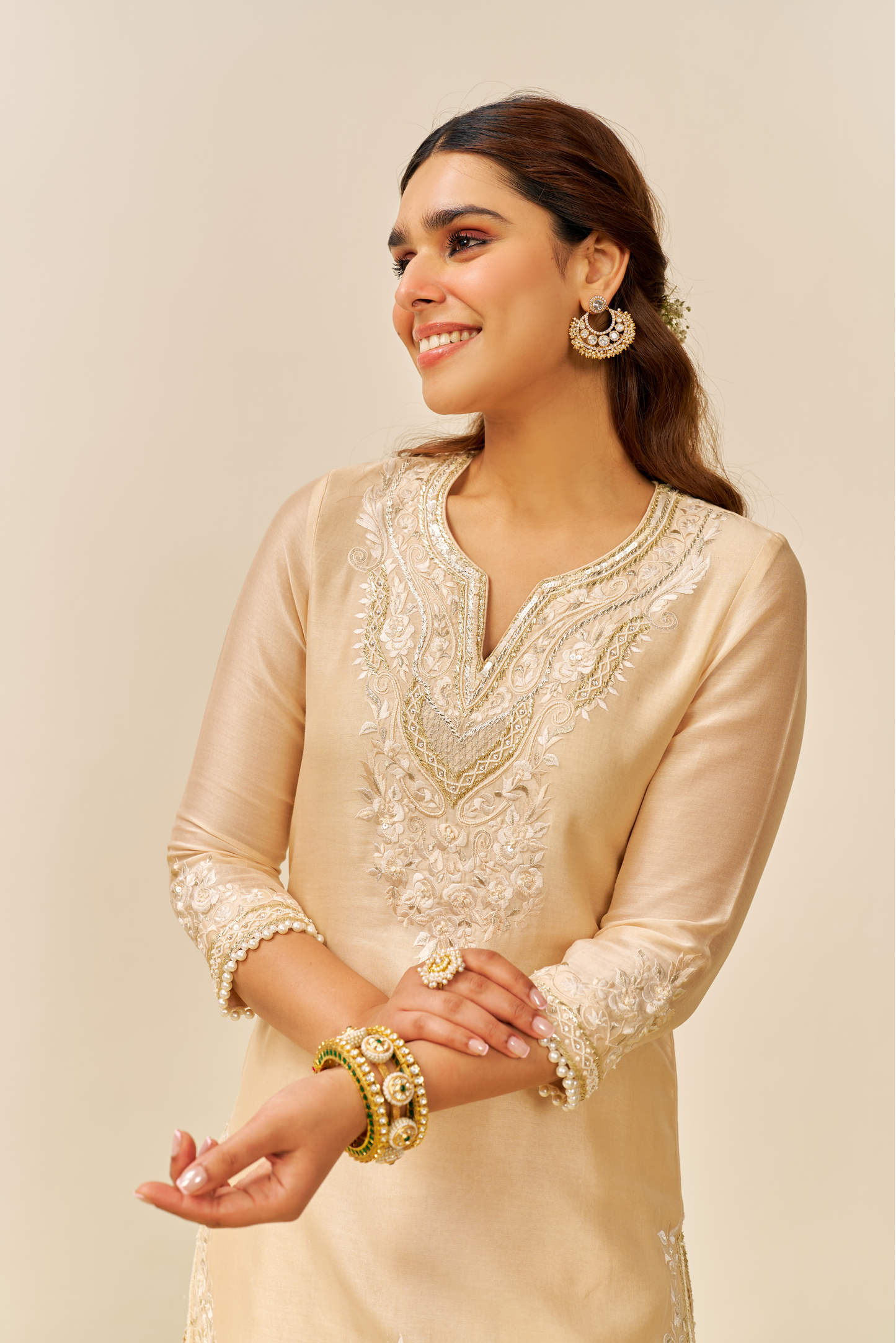 Haniya - Beige Short Kurta With Salwar