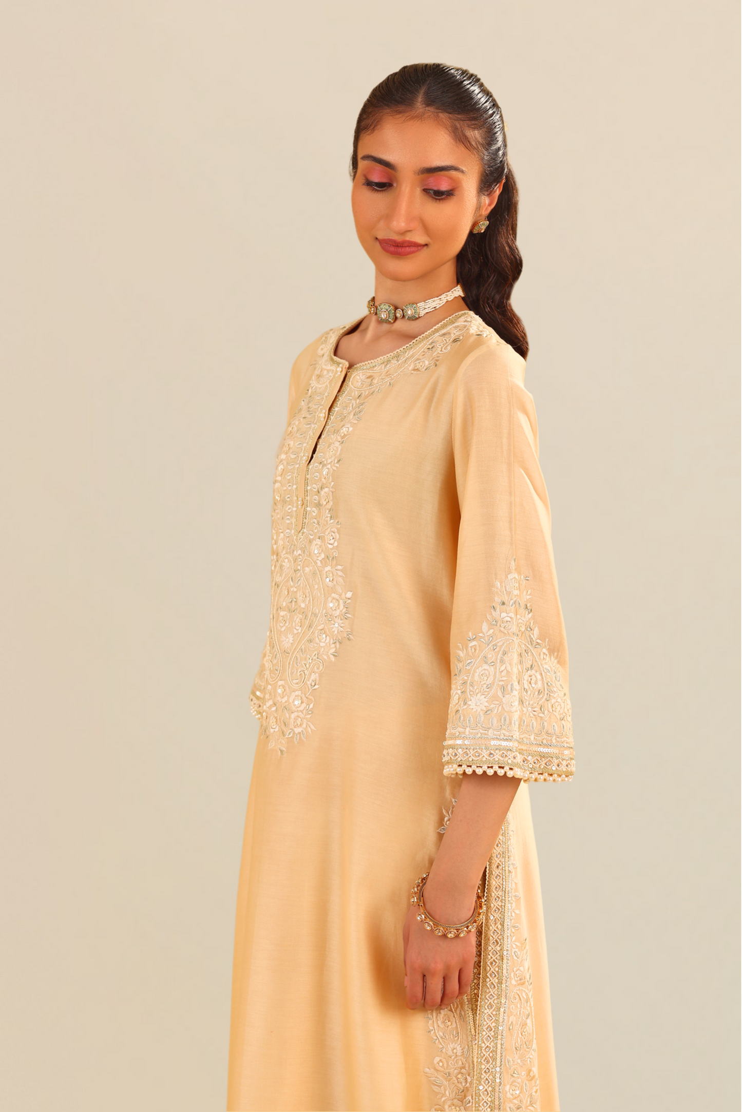 Sereen - Beige A-Line Kurta With Palazzo and Dupatta